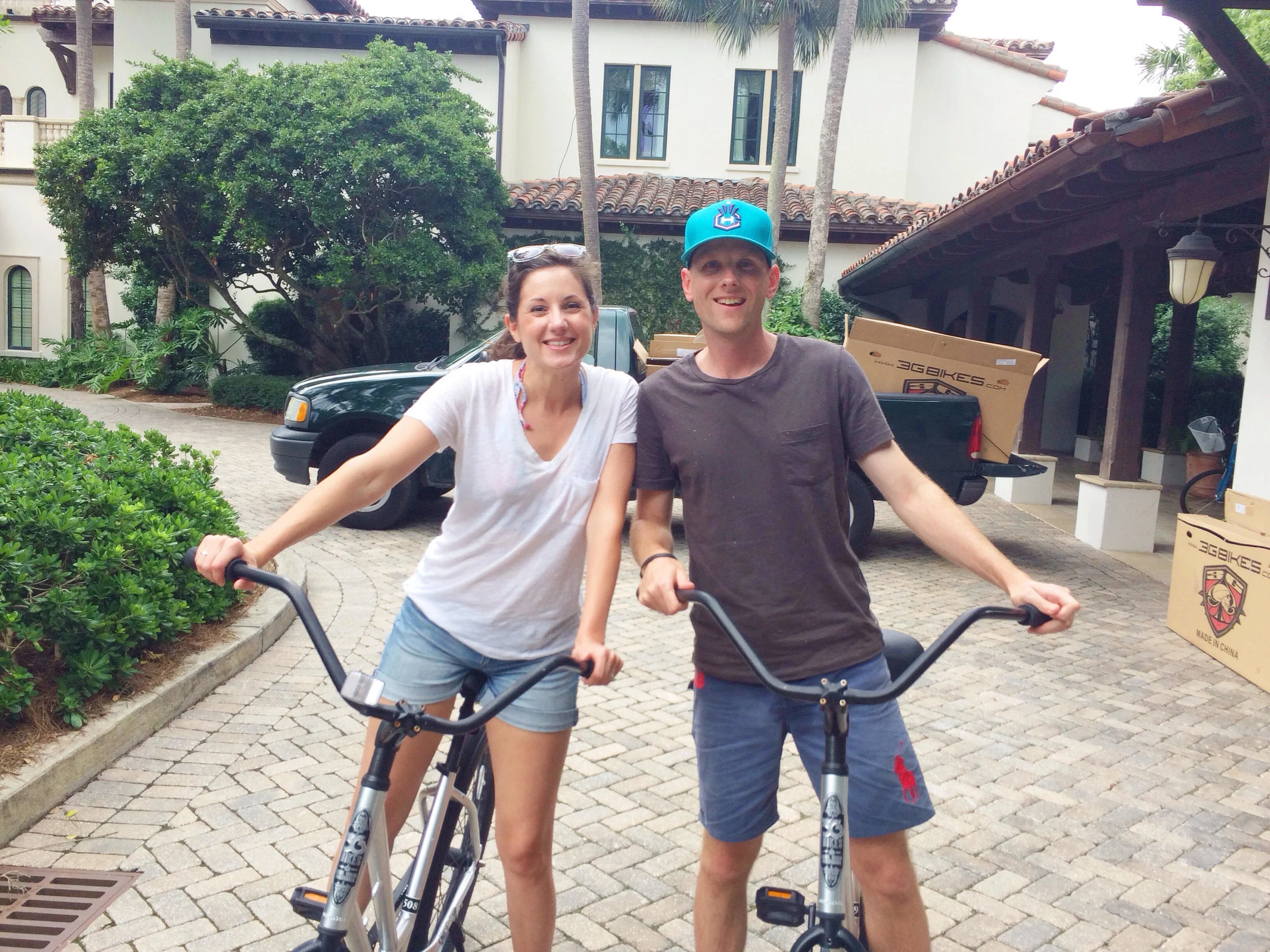 These bikes are the best! We rented them and rode around Sea Island even as the rain sprinkled down on us. They were adding more bikes for the weekend of the Fourth, which explains the lovely truck and cardboard boxes behind us! 