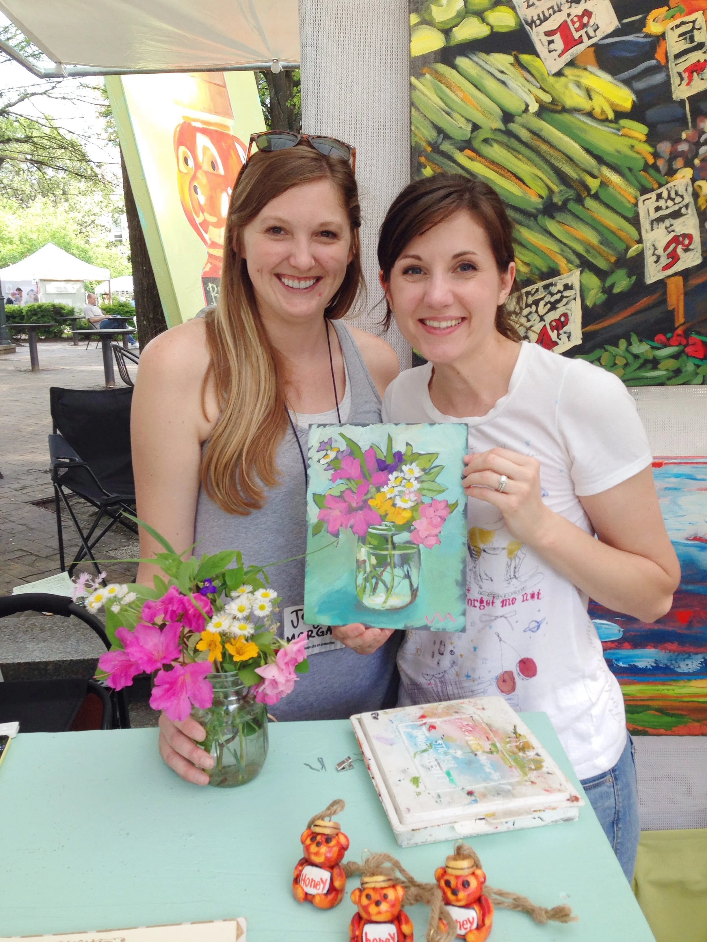 We are big fans of Jayne Morgan , and when I saw her painting this little jar of flowers at an art show this spring, I fell in love with the colors and had to have it! It now hangs in our home and is one of my favorite pieces of art we own!