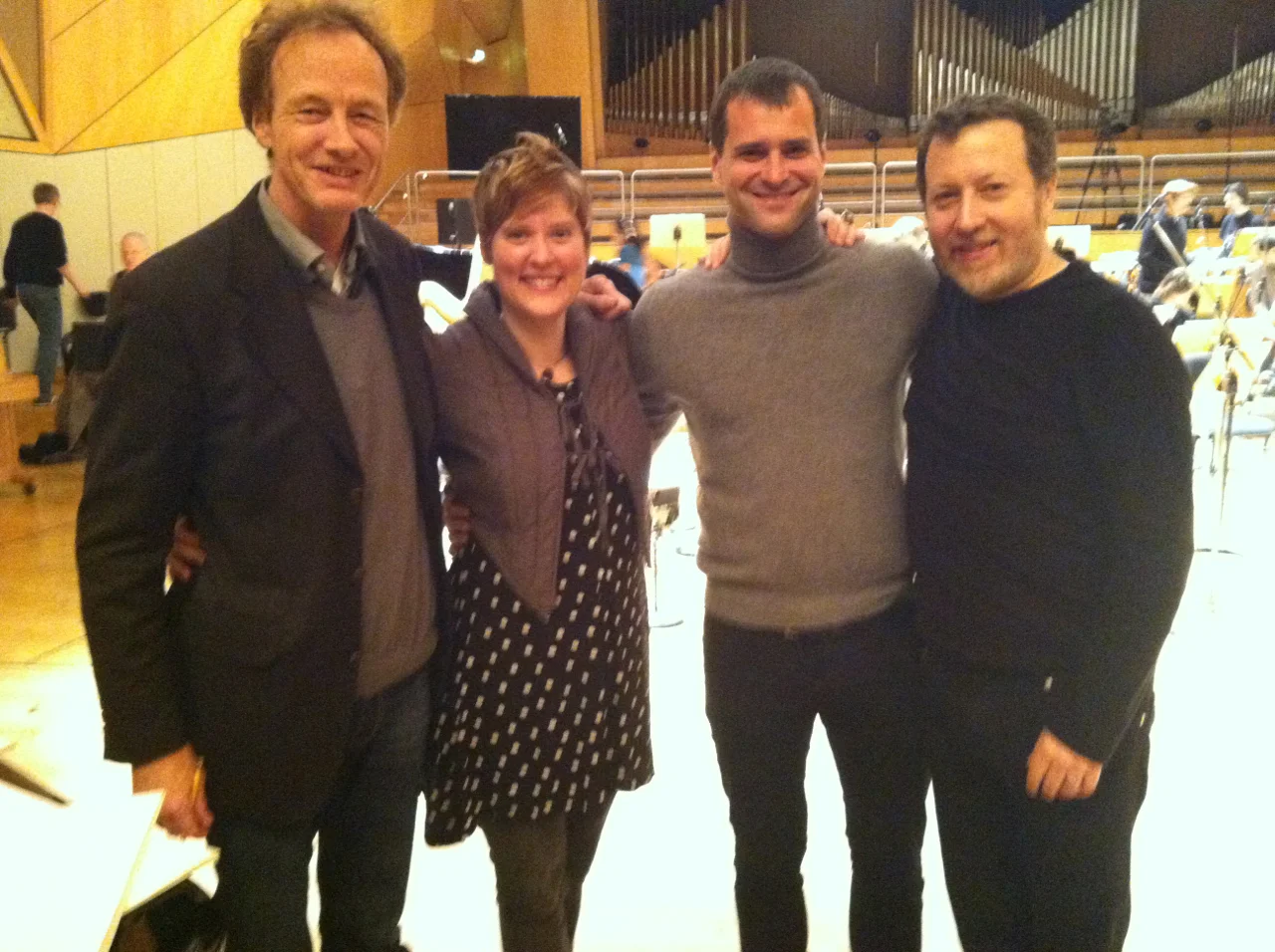 Composer Beat Furrer, TA, baritone Holger Falk, & conductor Brad Lubman. La Bianca Notte premiere with Ensemble Modern, November 2013