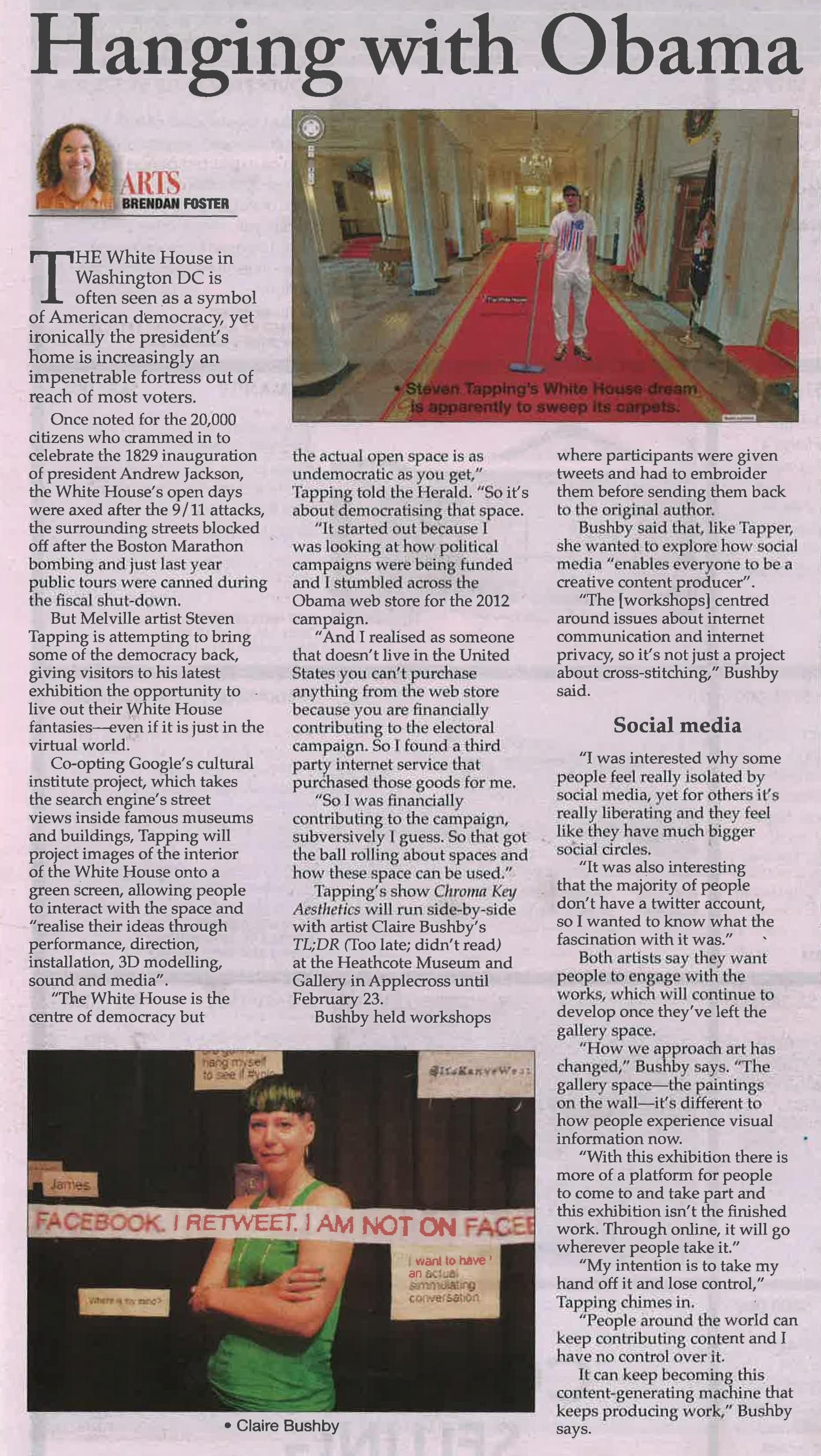 Article about the TL;DR exhibition in the Fremantle Herald. http://heraldonlinejournal.com/2014/01/31/hanging-with-obama/ Exhibition: TL/DR: #RT_samplr