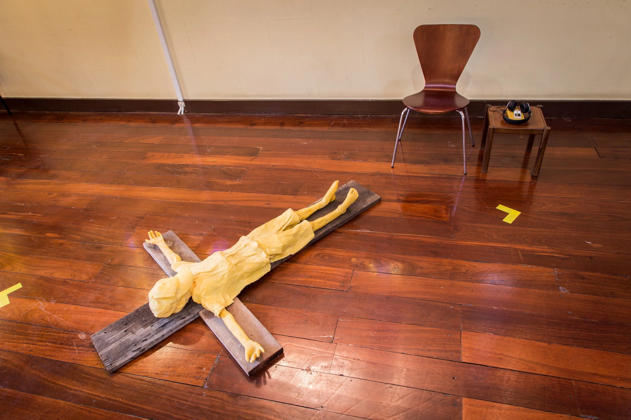 Station 2: Jesus Carries His Cross Elizabeth Bills Faith of a Child 2016, Wood, wax and sound recording Size variable, sound duration 4:52mins