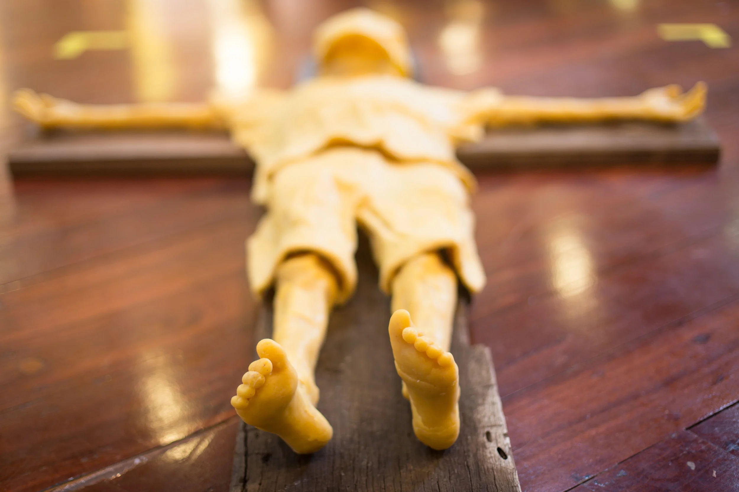 Station 2: Jesus Carries His Cross Elizabeth Bills Faith of a Child 2016, Wood, wax and sound recording Size variable, sound duration 4:52mins