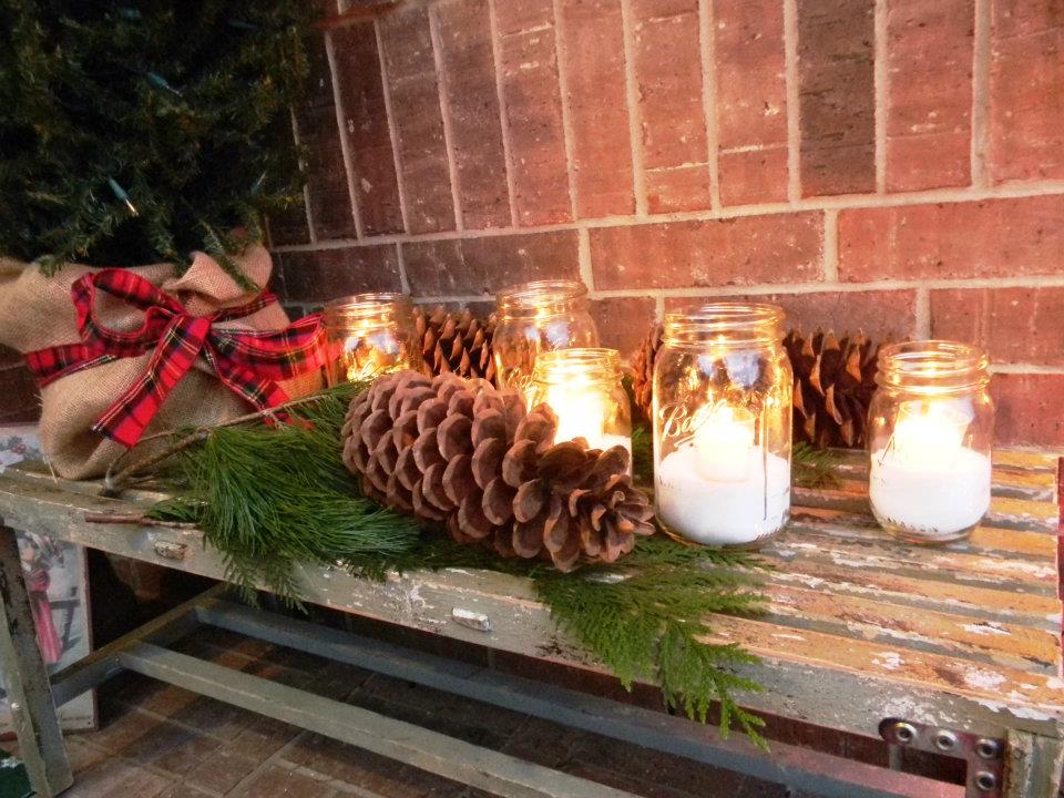 Jars filled with Epsom salts and votives make a beautiful snowy and Christmasy entrance 