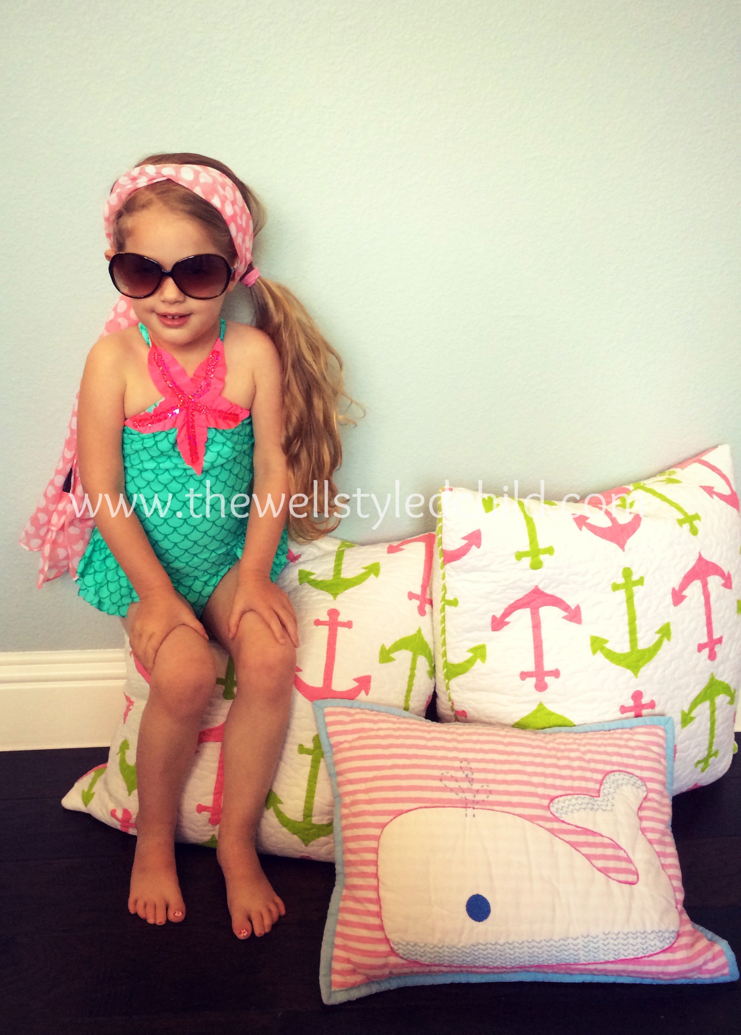 Love U Lots Mermaid Halter One Piece Swimsuit Sunglasses: Island in the Sun Headscarf: Target 