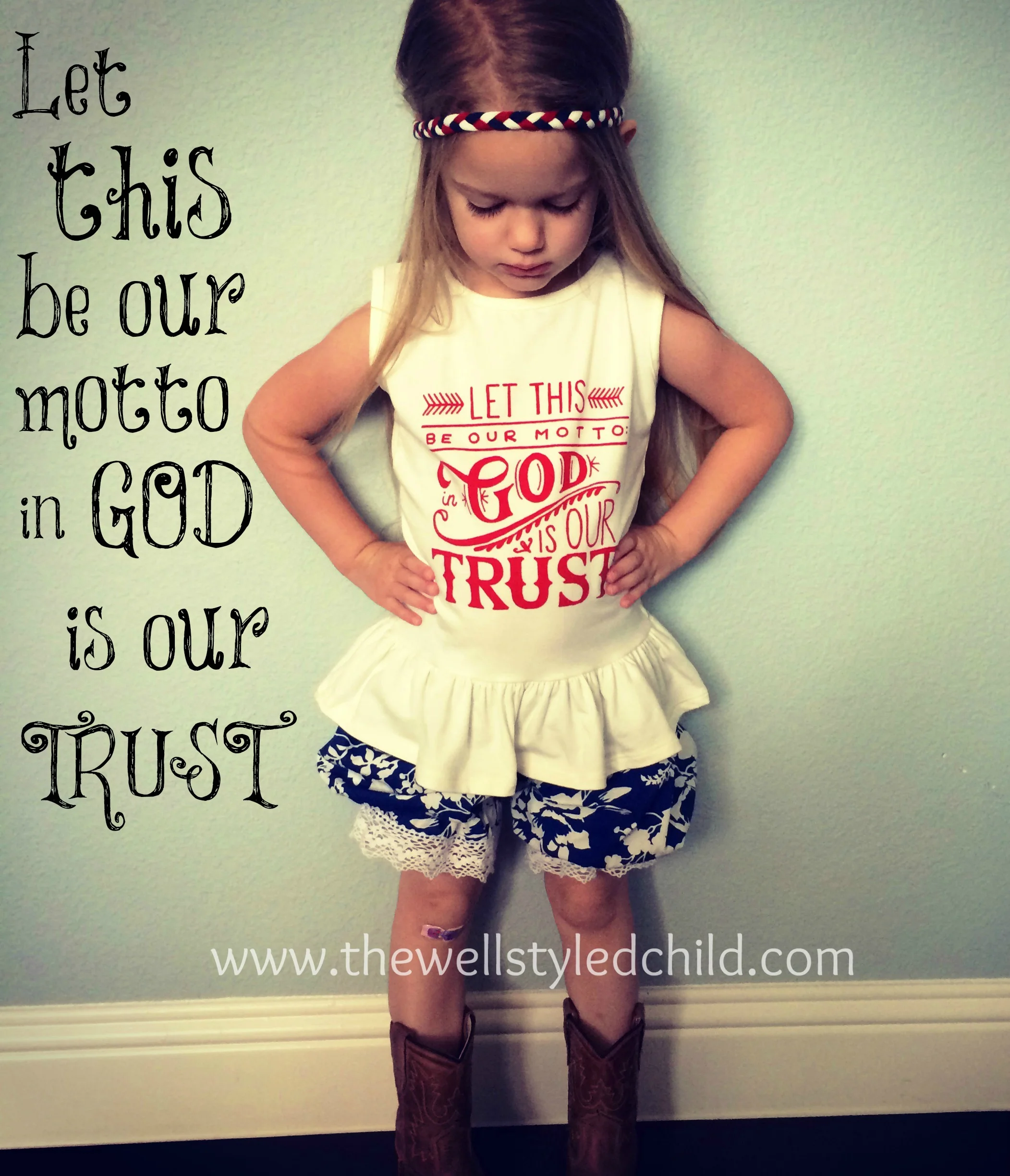 I'm in LOVE with Persnickety's Summer Celebration collection this year! Namely, these printed tees-- totally gorgeous and I love the sentiments captured on each. For this one, I paired it with the navy floral bloomers from last spring's Persnickety line. Simple light brown cowgirl boots and honor headband really bring the outfit home! 