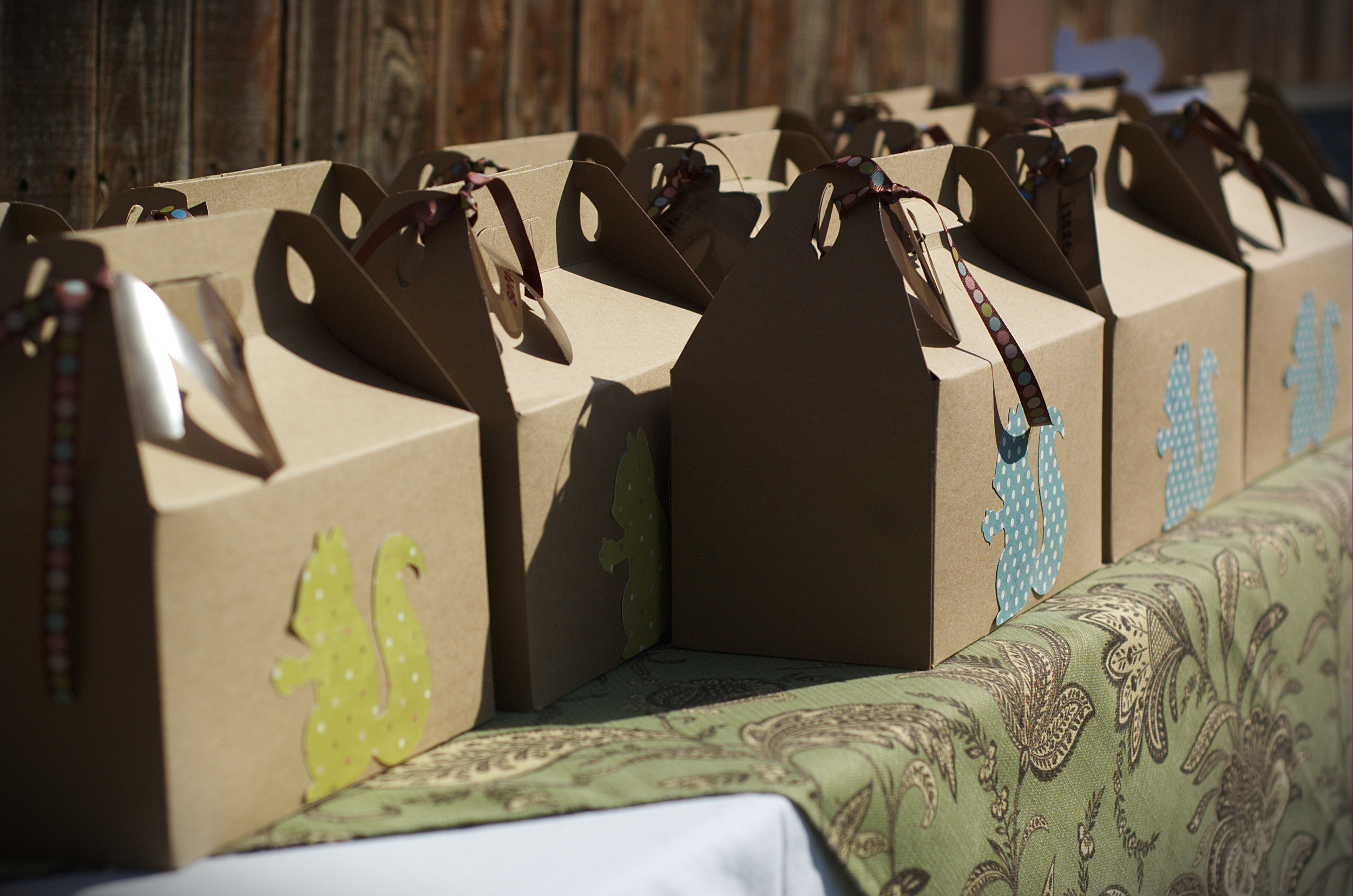 Squirrel silhouettes cut on on the Cricut adorn these cute favor boxes! 