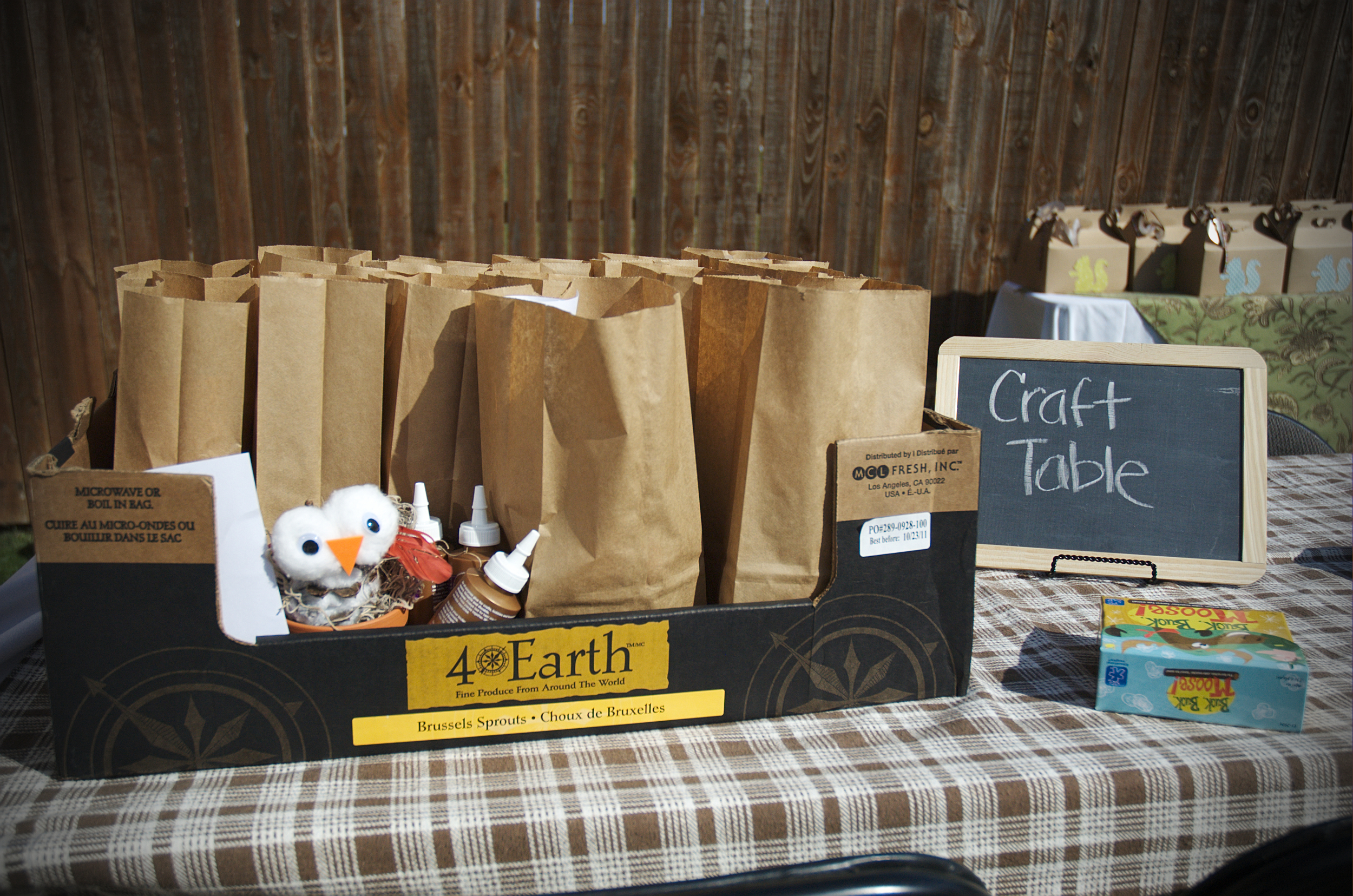 Setting up for this woodland party. I had separated the craft supplies to make individual kits and put an instruction sheet in each bag. I put a finished owl as an example on the table and a few bottles of Craft Glue. This way kids could sit and make the craft at the party, or easily take it home-- which many did and sent lots of pictures of their finished little owls! For a particularly messy, ooey, gooey craft-- this is also a great idea so moms and dads don't have to figure out how to transport them home until they dry! 