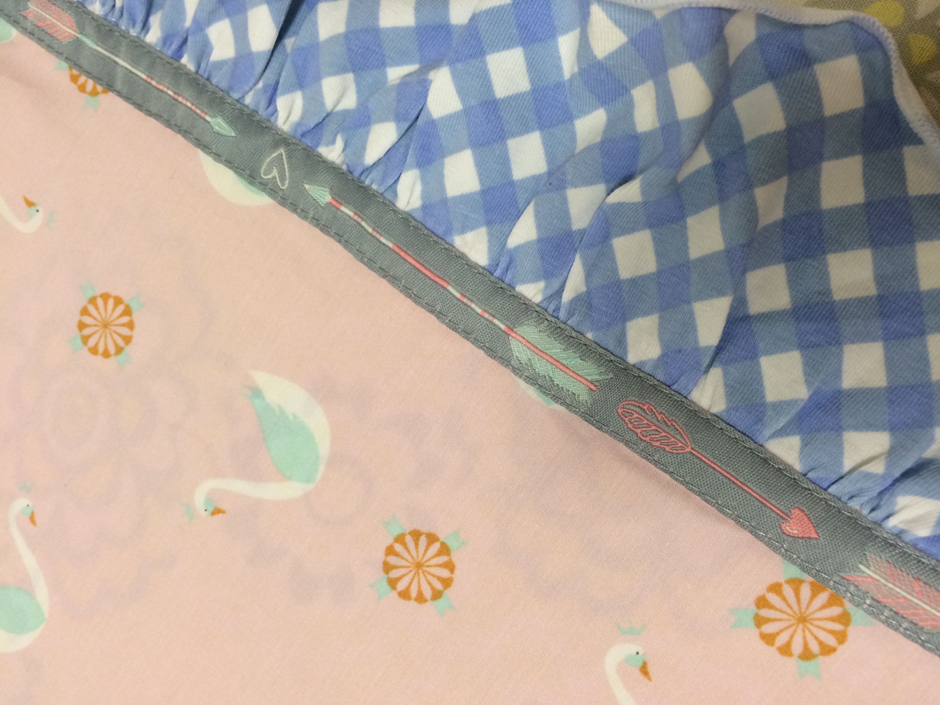 Here's a closeup of the fabric of swans and turtles. I'm in LOVE with the arrow/heart/feather ribbon trim and this super cute blue, gingham knit ruffle. You can't help but fall in love with all these little details! 