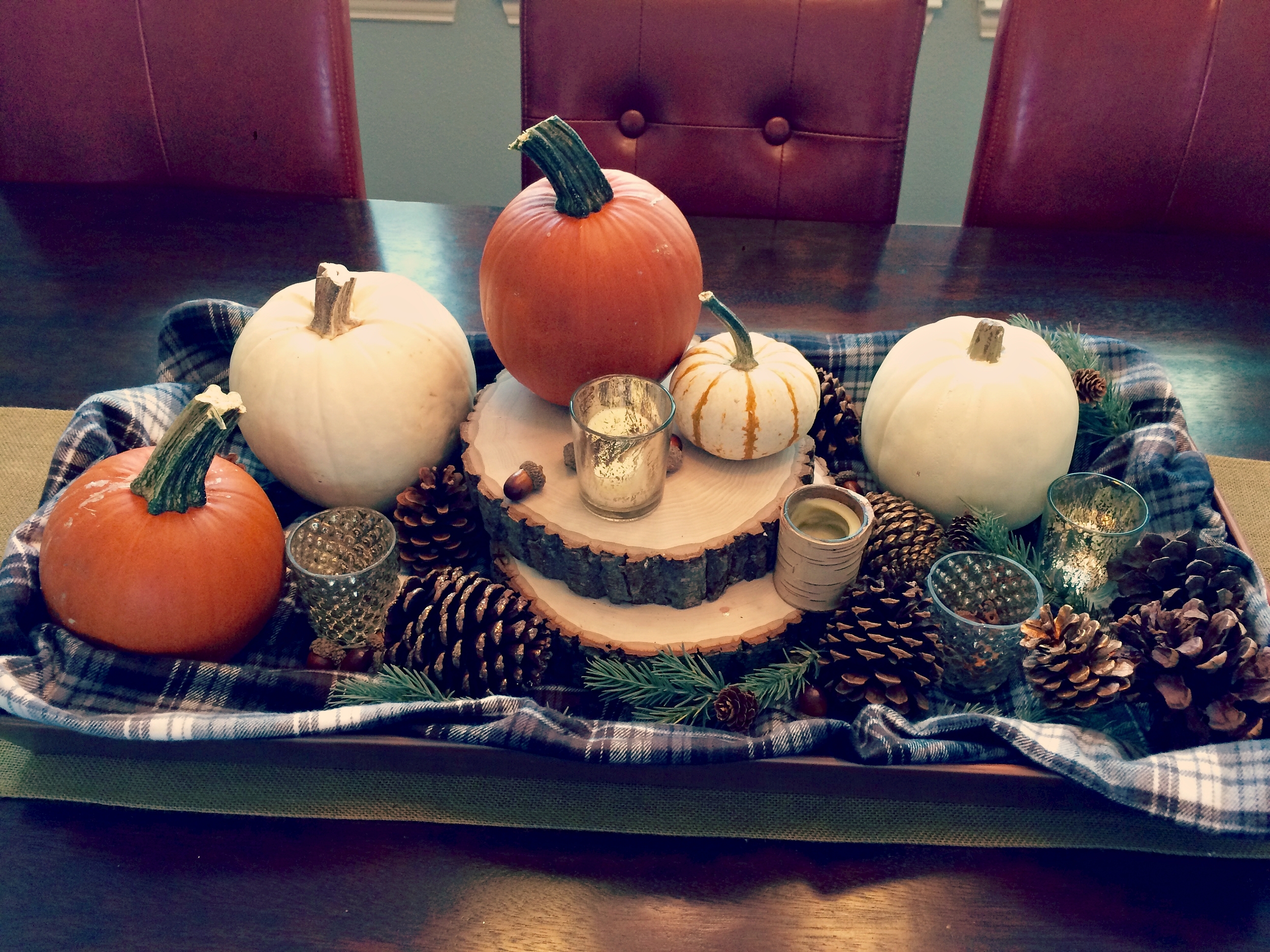 Formal Dining Room Harvest Table Centerpiece. This is in the Boot Tray from Smith and Hawken, Target. I've found that it makes the perfect centerpiece tray for a long table! 