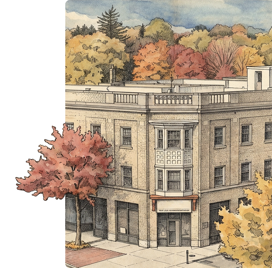 A watercolor illustration of a multi-story brick building with trees in autumnal colors and a cloudy sky in the background.