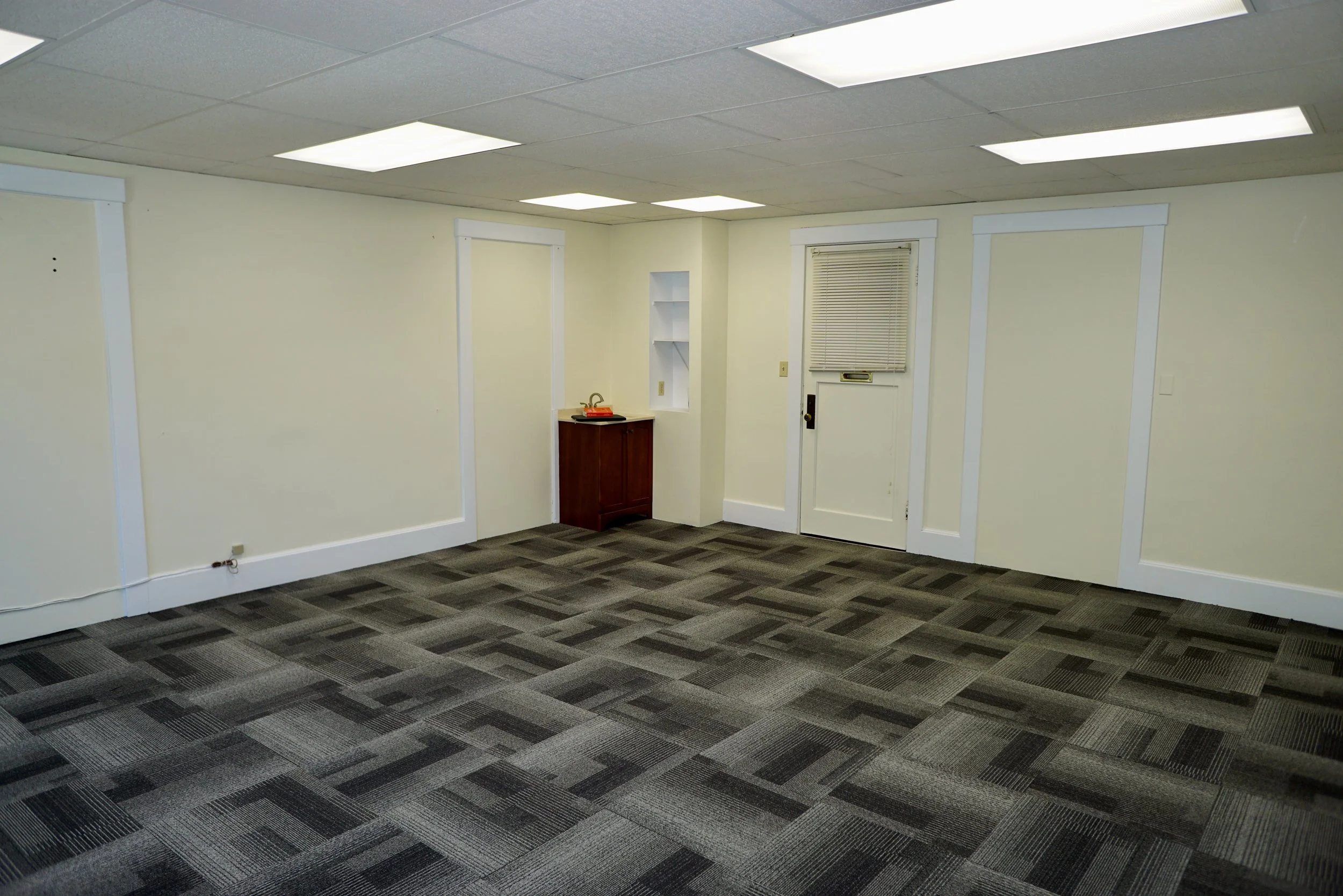 Empty room with beige walls, gray patterned carpet, white trim, ceiling lights, and a white door with a window blind.