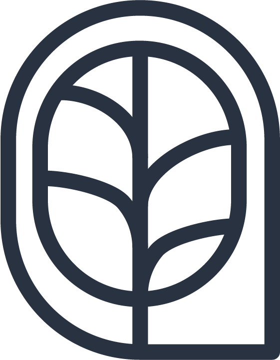 A black and white logo featuring a stylized tree inside an oval shape.