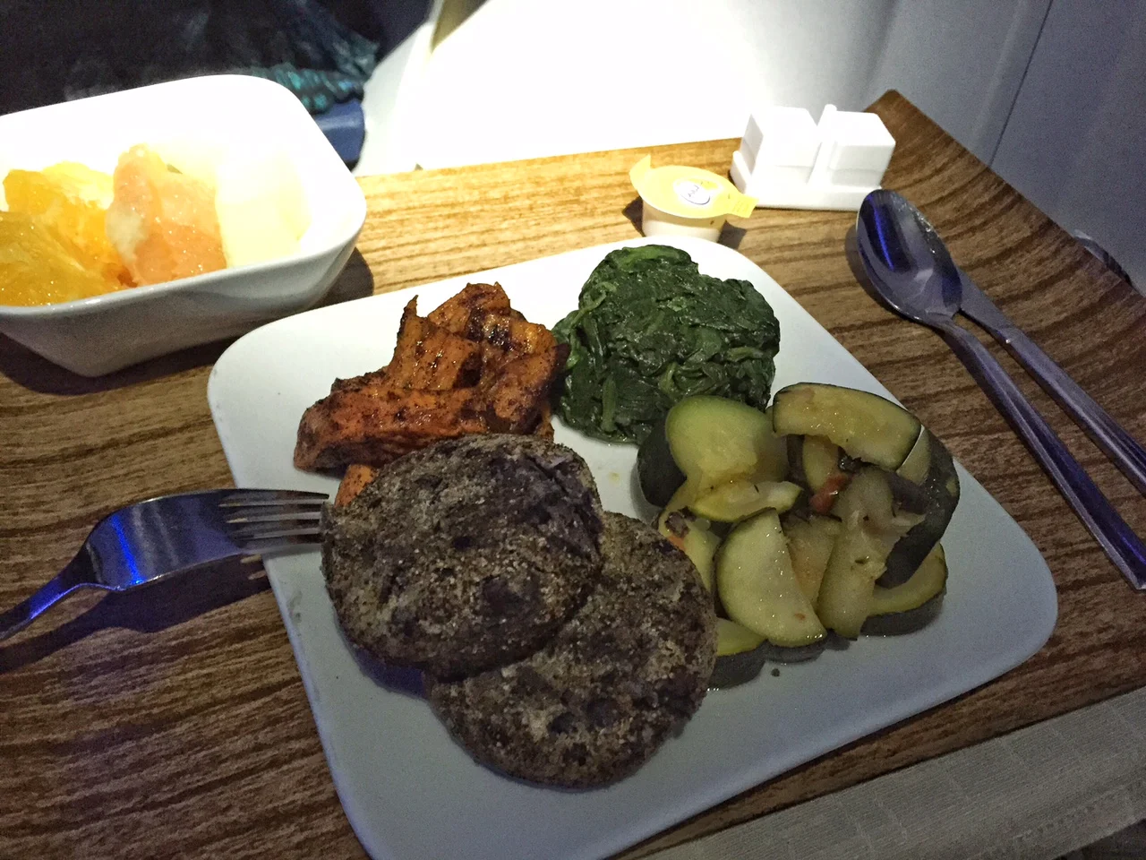 falafel patties, steamed green squash, sauteed spinach and roasted sweet potato slices