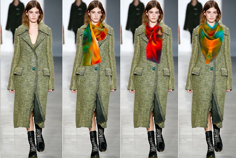 I've added Autumnal Equinox II, Red Hot Chile II, and Heritage Turquoise II to spice up this look, but there are many more scarves in my collections that would make great fashion accents to this lovely khaki coat.