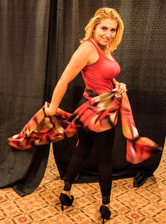 Vanessa Torres "Ole!" with Kathy Beal Signature scarf " Red Hot Chile II " from the Santa Fe Collection