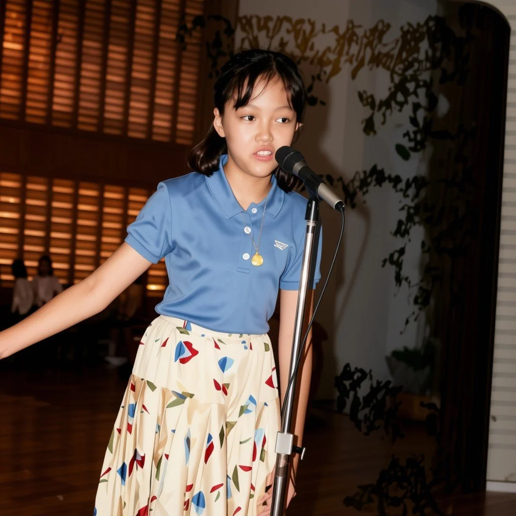 Tish Vallés as a fifth grader at St. Scholastica’s, performing at a microphone