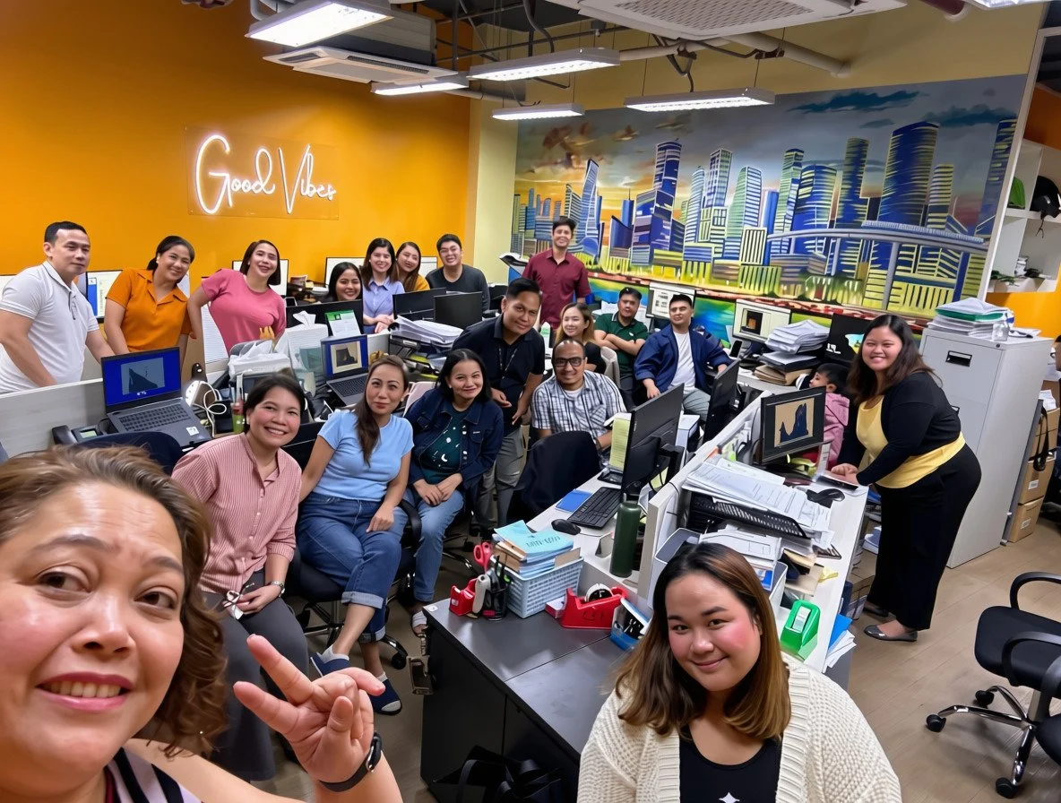 The ExcellerCSI team in the Hive, their former office, under a Good Vibes neon sign beside a painted Manila skyline mural