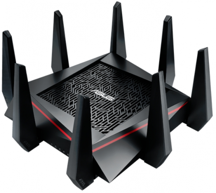 It looks like something out of Star Wars and it is probably best not to accidentally fall on Asus’s eight antenna, super-fast, AC-5300 router.