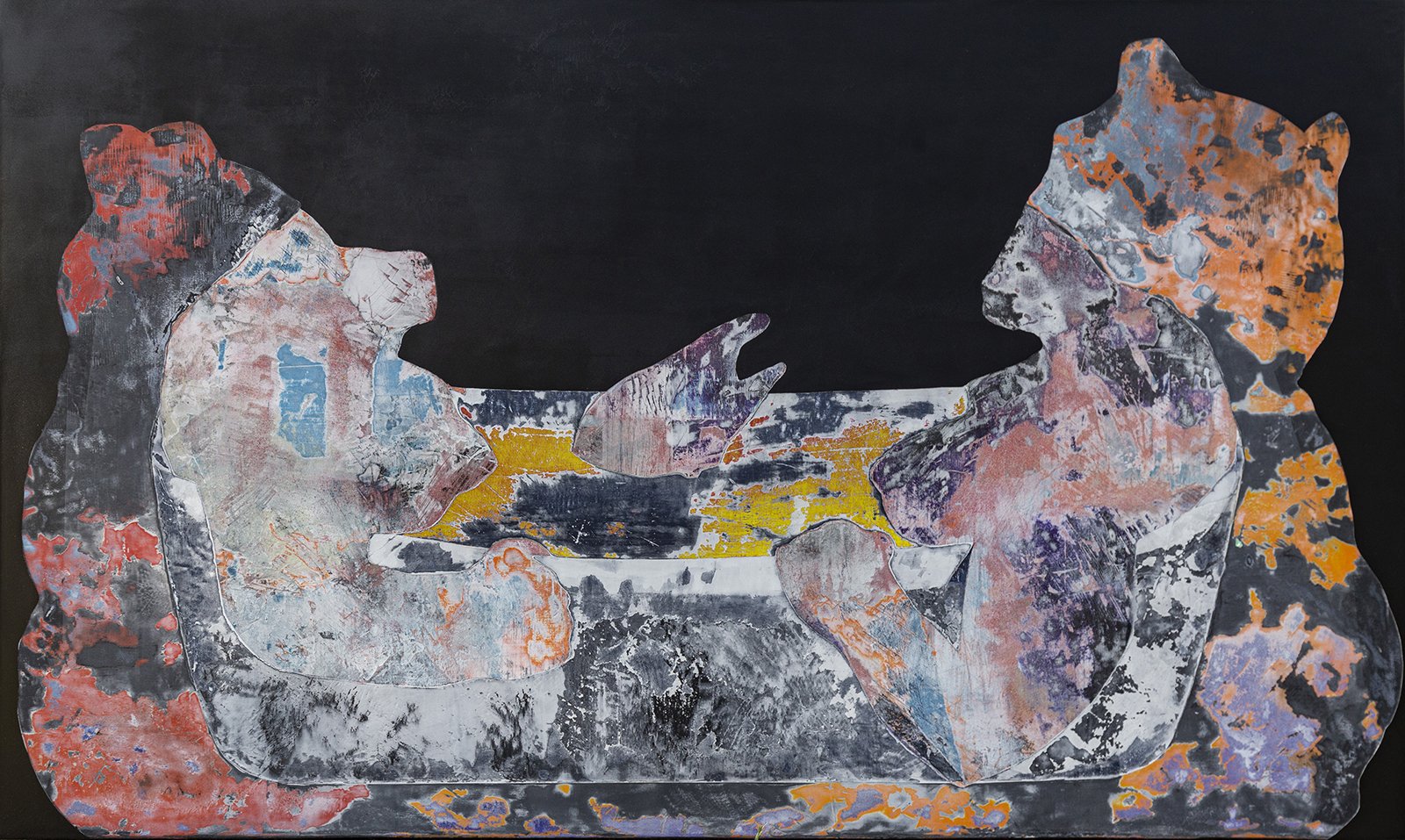  Two Bears in a Bathtub with a Salmon acrylic on canvas 36 x 60 inches 2020 unavailable 