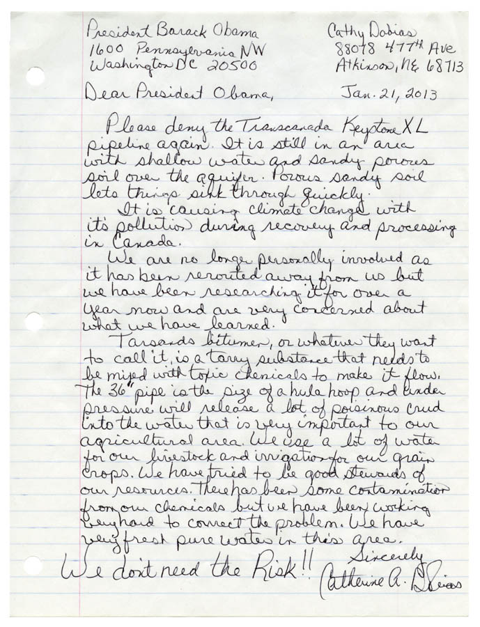 Cathy Dobias's letter to President Obama. Jan 2013