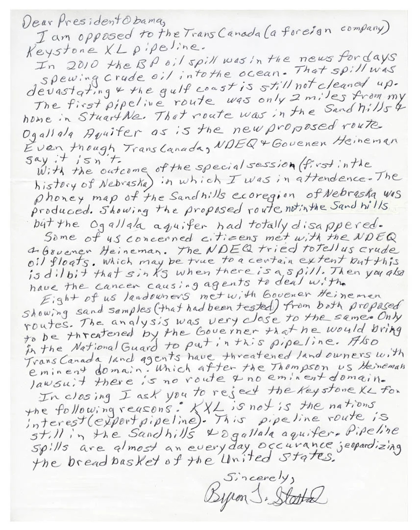 A letter by Byron "Stix" Steskal of Stuart, Nebraska. August 2014