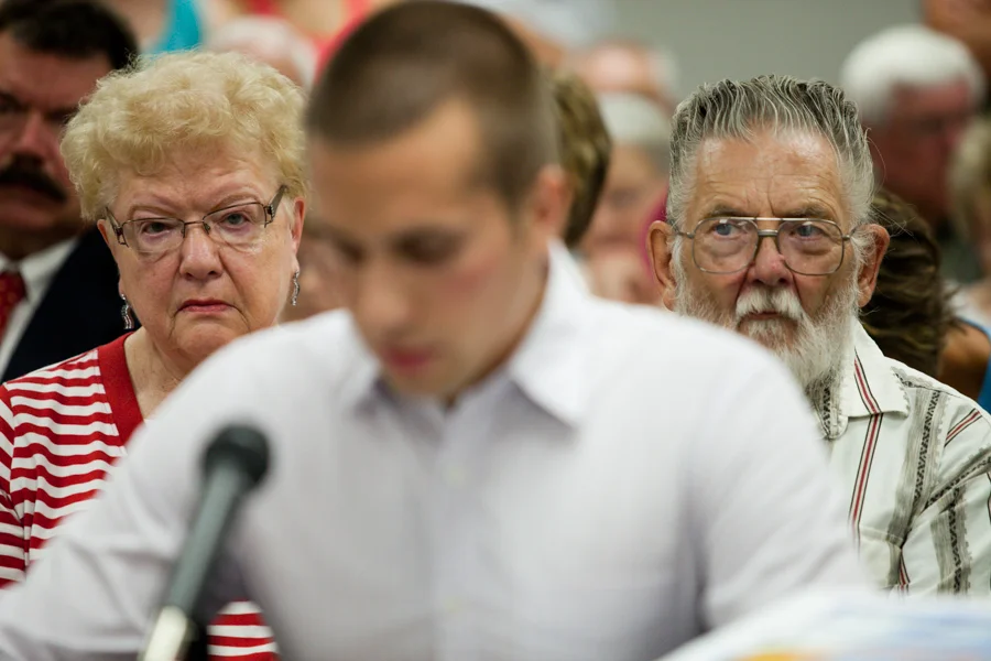 Pipeline protestors react to the statement from Americans for Prosperity, a pro-pipeline organization during a meeting of the York County Commissioners to discuss if the pipeline should cross York County Nebraska. The protesters are using to legal means to fight the proposed pipeline. The resolution, which the board ultimately voted against stated, “The York County Board of Commissioners, on behalf of its citizens, realizes the risks of tar sand and crude oil pipelines to our resources in York County and oppose any pipelines of this nature.” July 2013