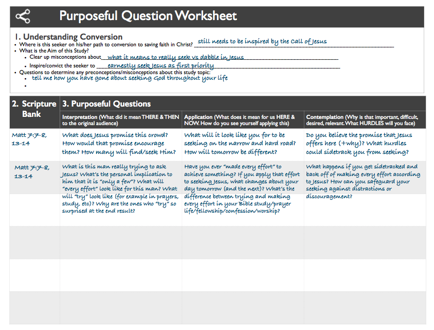 Here's an example of a Purposeful Question Worksheet for a Bible study on Seeking God. For a pdf of this example, click HERE