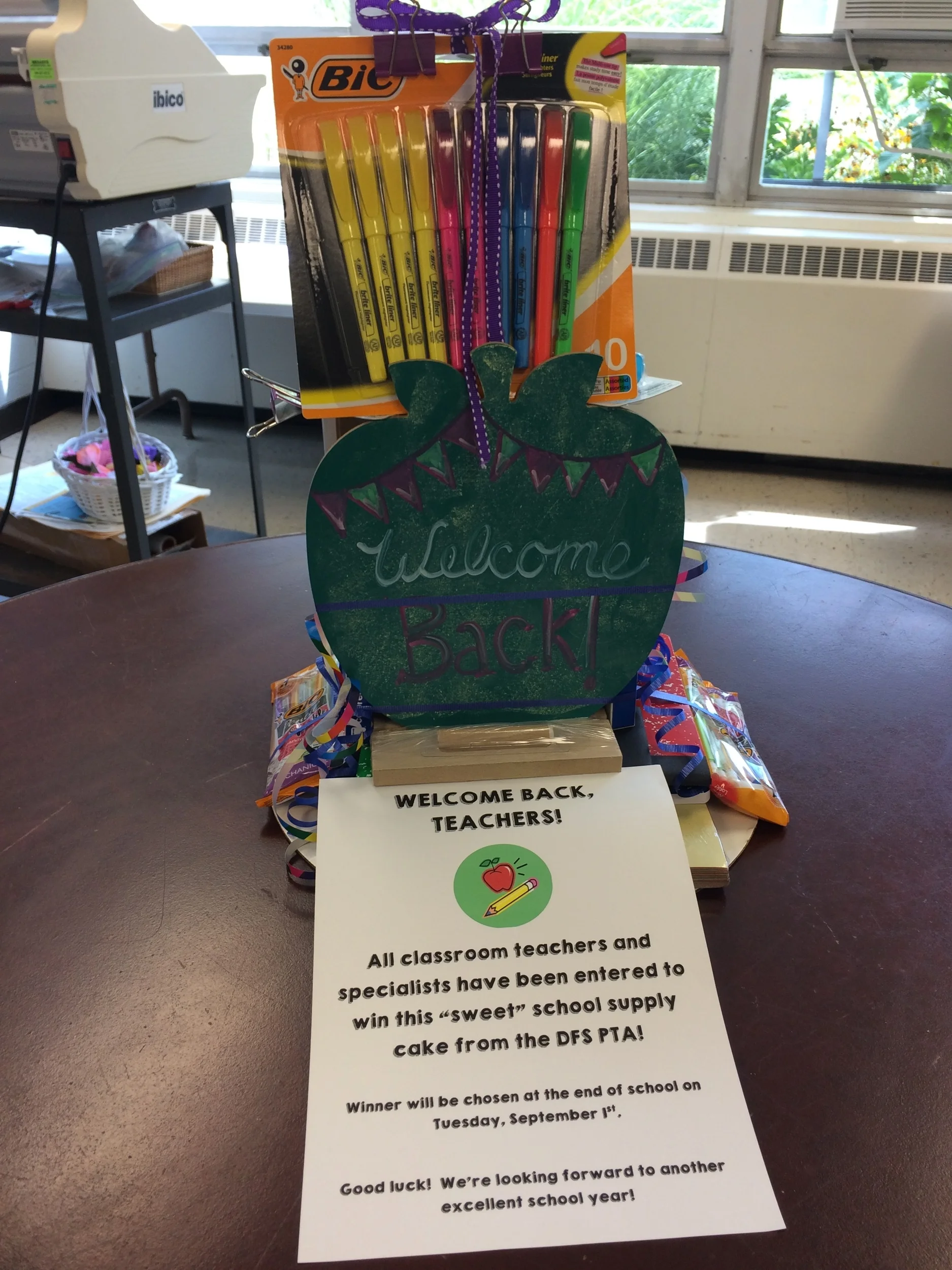 September 19, 2015: The DFS PTA board members hosted their annual "Welcome Back" breakfast for teachers and staff on the first day of school. In addition to the breakfast, all teachers and staff were entered to win this "sweet" school supply cake, chock-full of great supplies and little extras. This year's winner was our new 4th grade teacher, Mrs. Potok! Congratulations!