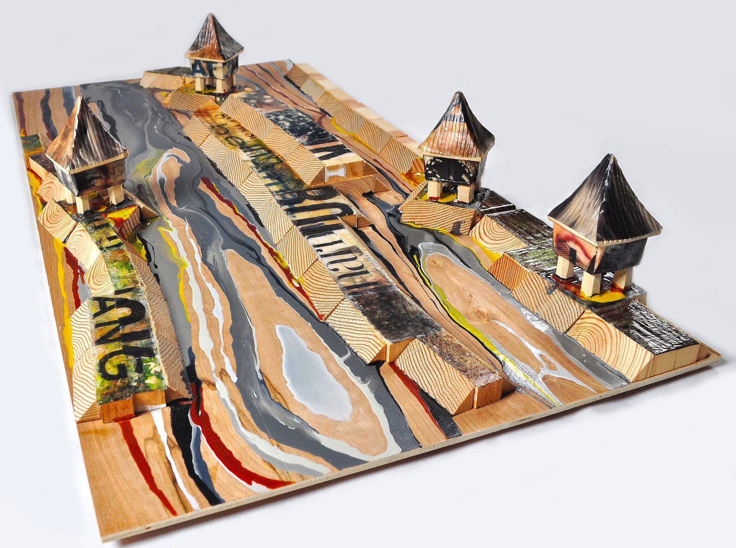 Rice Fields , 2011. Wood, acrylic, & image transfers, 32" x 16" x 5" (Photo: Ramon Pintado)
