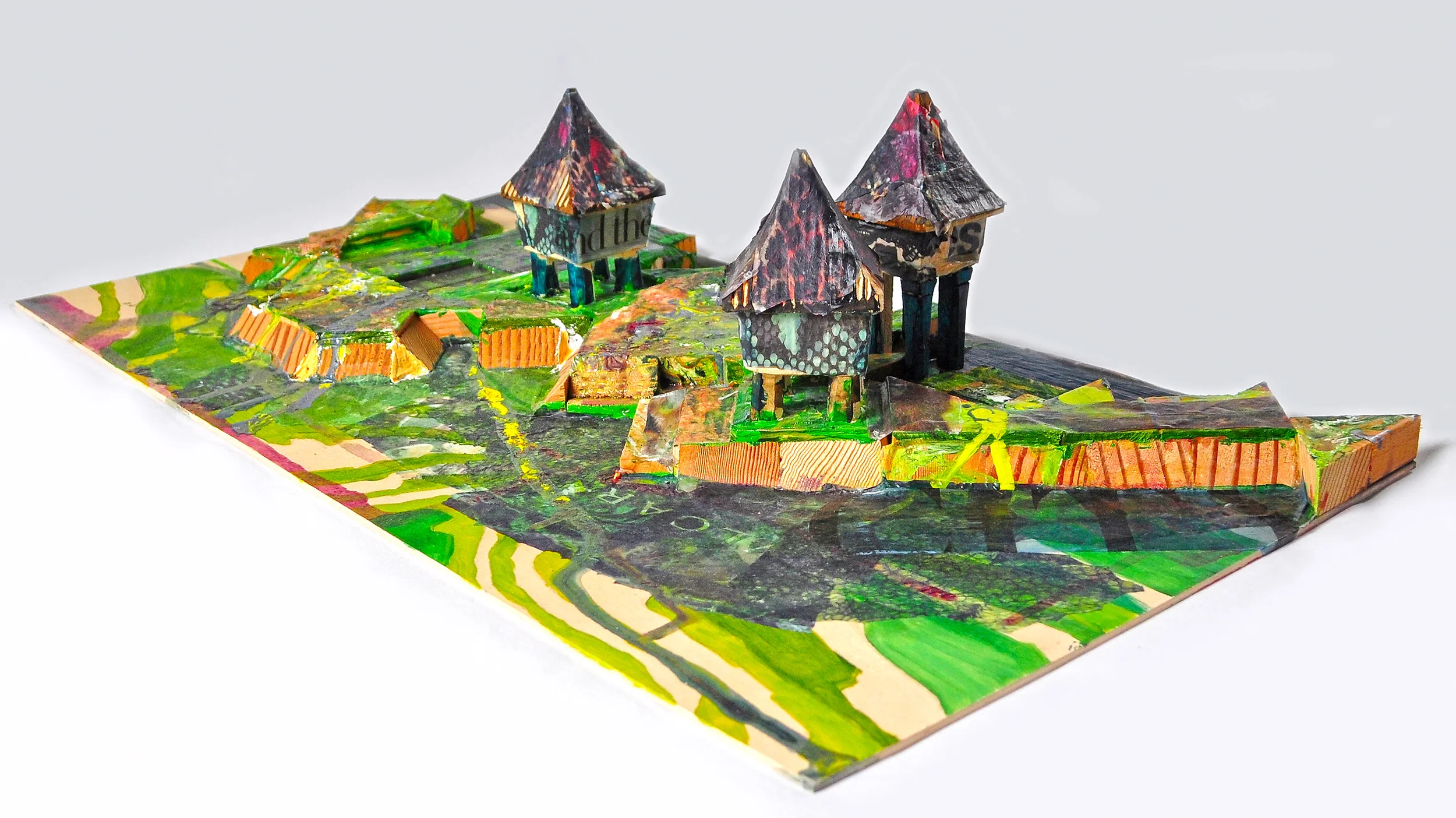 Ricescape , 2011. Wood, acrylic, & image transfers, 24" x 12" x 5" (Photo: Ramon Pintado)
