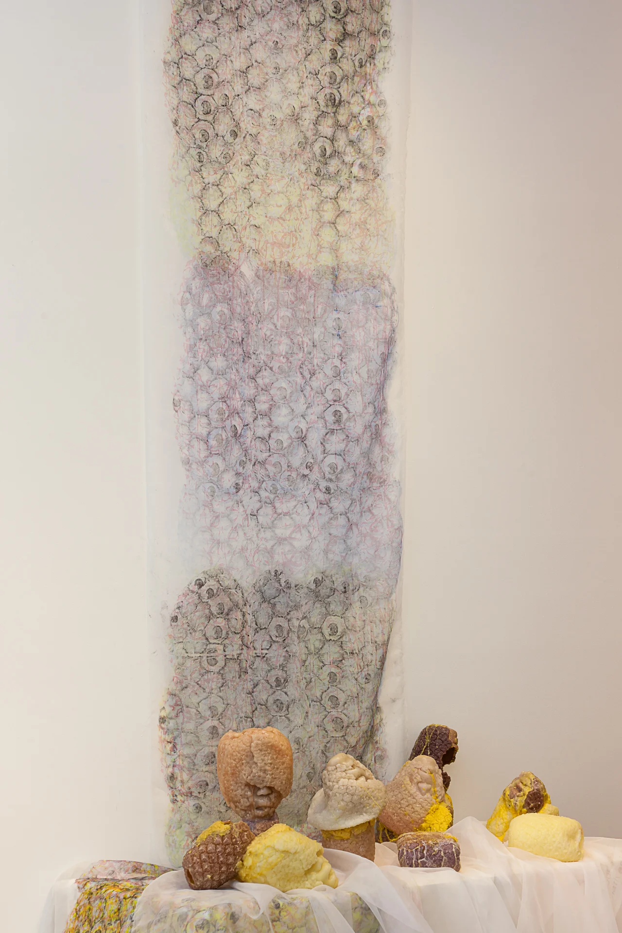 Piña Offerings , 2014 - 2015. Silkscreen on synthetic organza & synthetic wax mixtures, variable dimensions (Photo: Mido Lee)