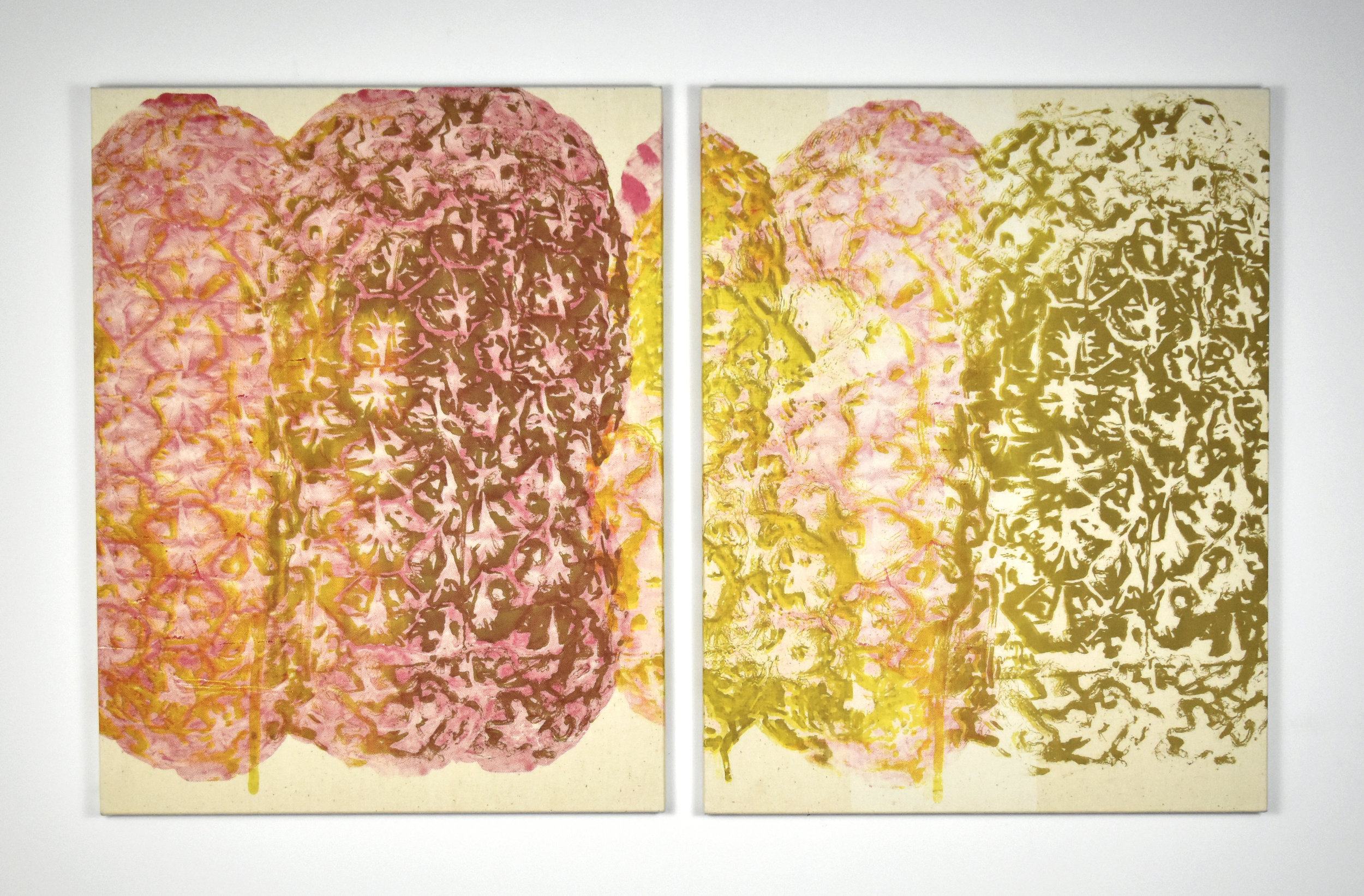   Piña Ooze Diptych , 2014.&nbsp;Silkscreen on muslin, 28" x 44" overall  (In Private Collection) 