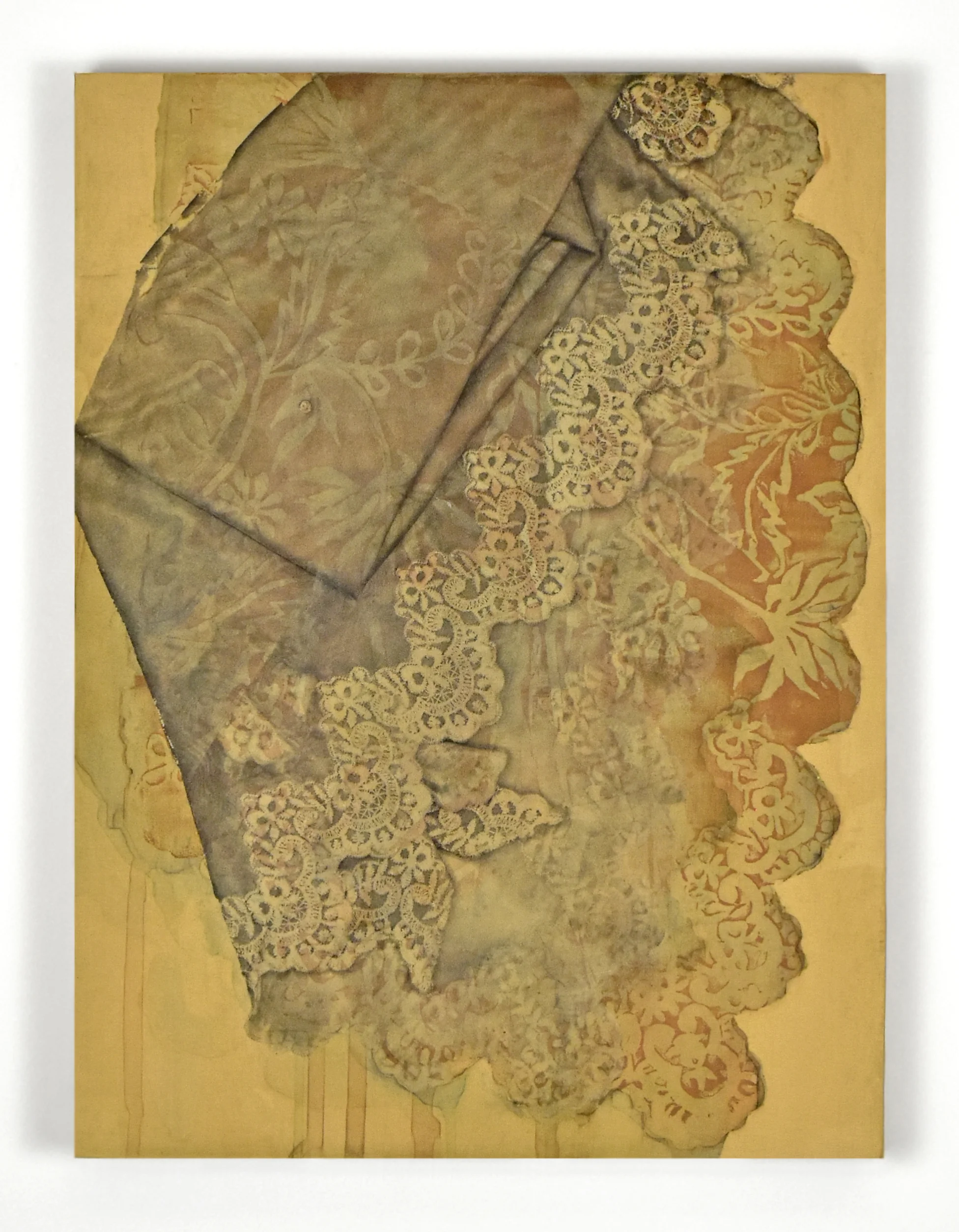 Creased , 2016. Image transfer & monoprint on paper mounted on panel, 16” x 12” 