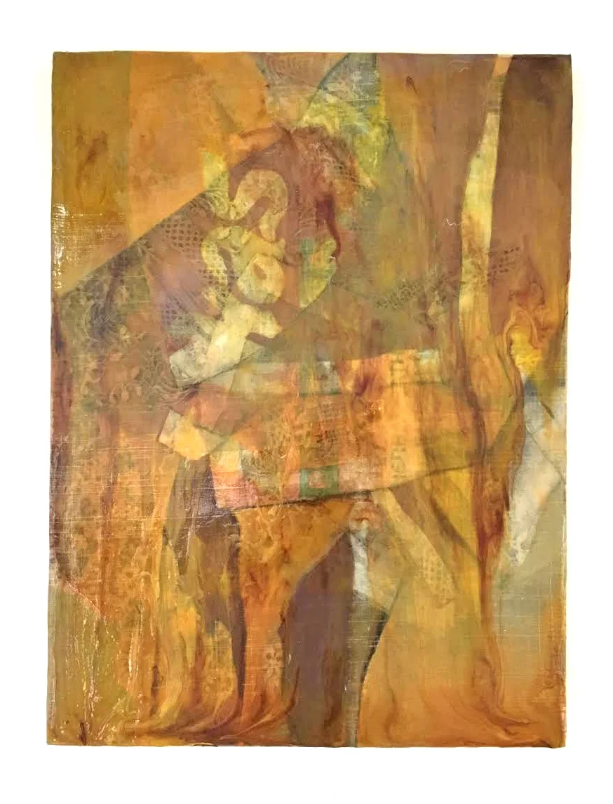 Likas (Natural) , 2018. Acrylic & image transfer on piña fiber over panel, 16" x 12"