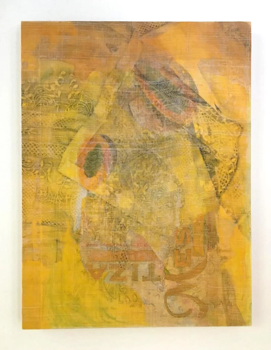 Mestiza Variation , 2018. Acrylic & image transfer on piña fiber over panel, 16" x 12"