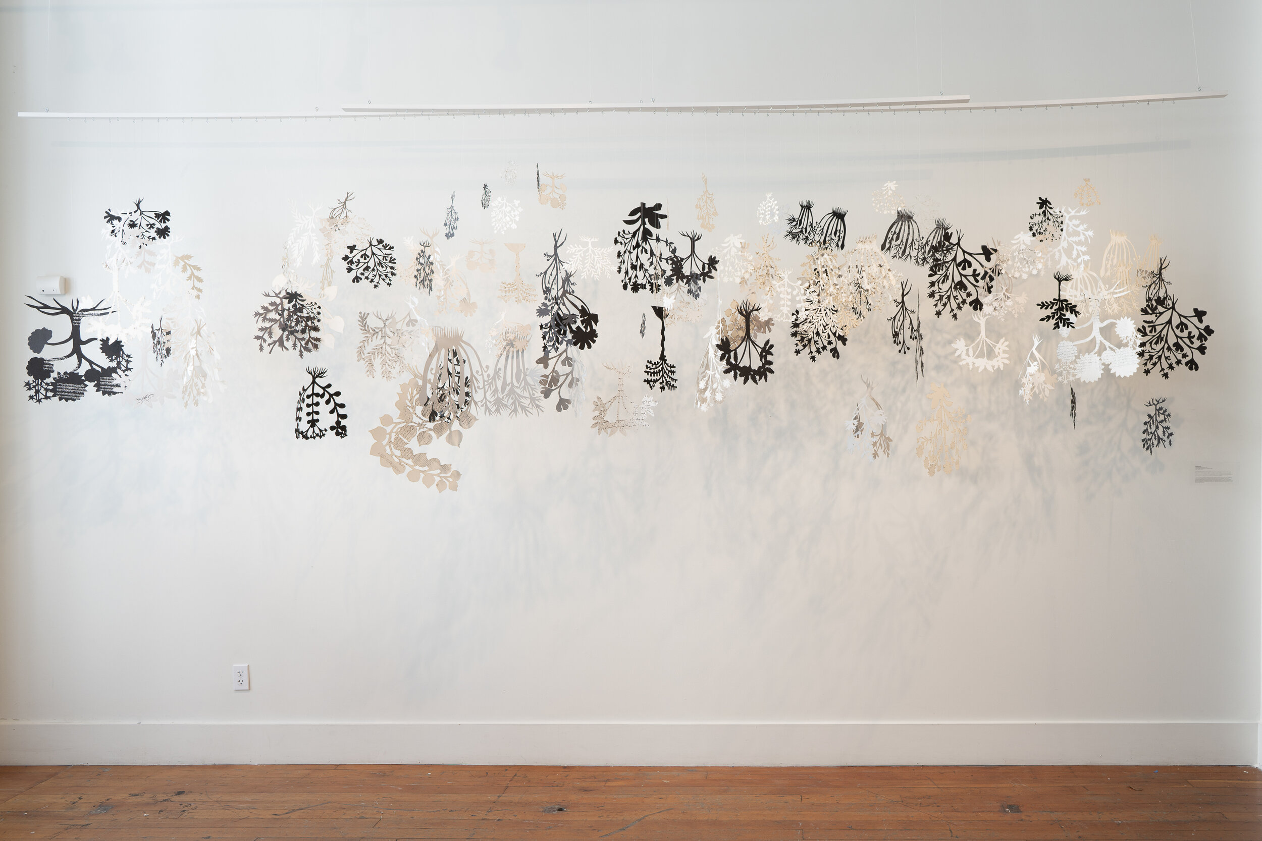   Pantea Karimi  -  Suspended Healing Garden , 2019. Cutout papers, printed texts, threads and rods, 5’ x 5’ x 16’ 