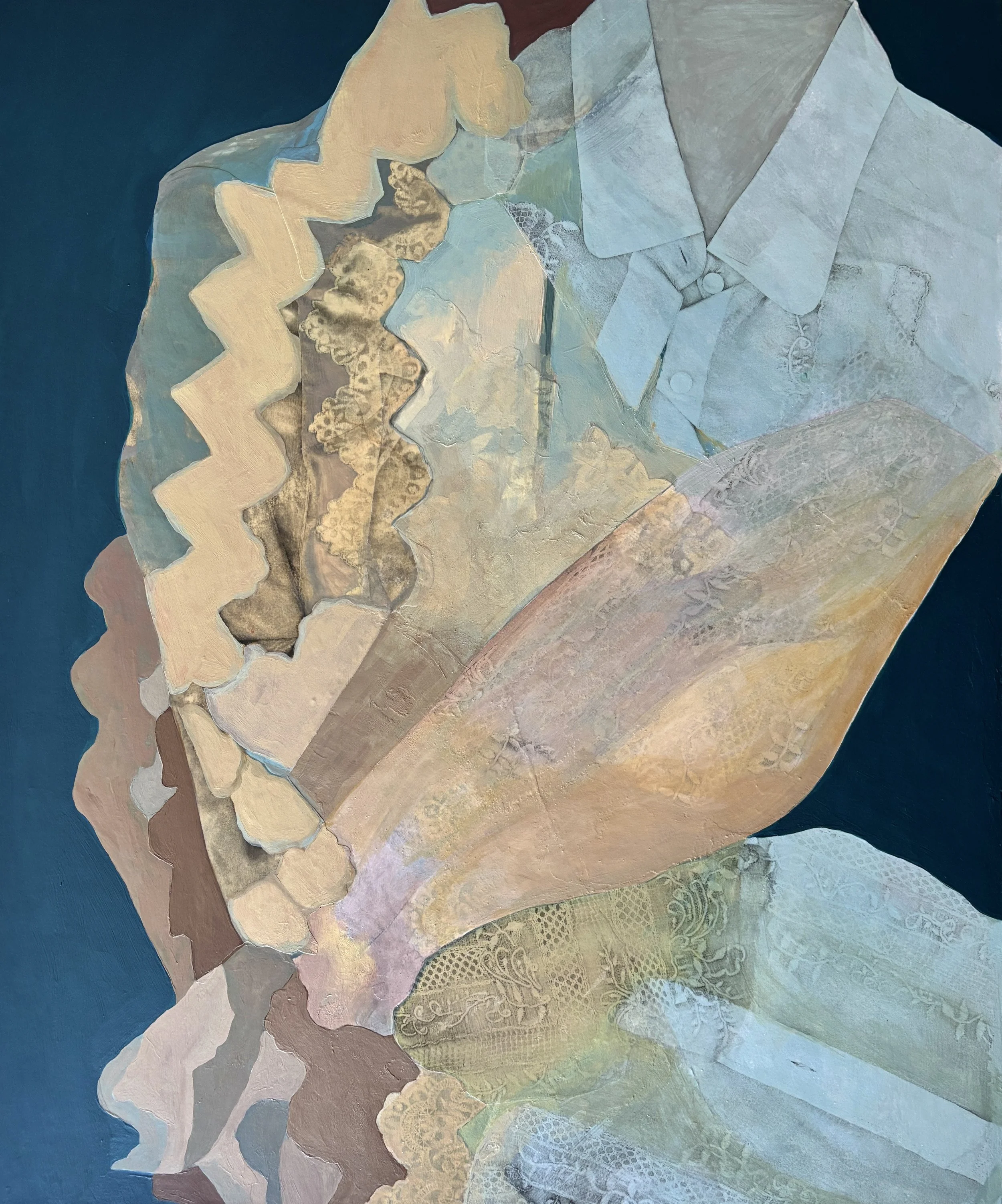   Transformation , 2025. Acrylic, image transfer &amp; silkscreen on paper mounted on panel, 24" x 20” 