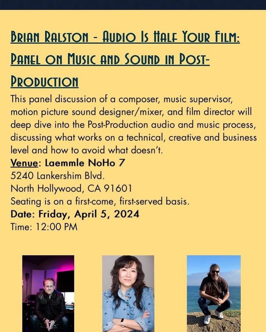 This is going to be a great panel!  Come out to the Pasadena International Film Festival at Laemmle NoHo 7 Next Friday April 5th at 12 noon -1pm to hear this fabulous group talk about Post-Production Audio (Music + Sound) and what works, what doesn&r