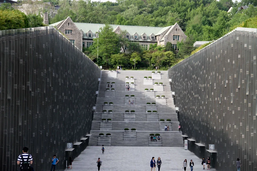 Dominique Perrault designed the campus center at Ewha Womans University. Seoul, South Korea.