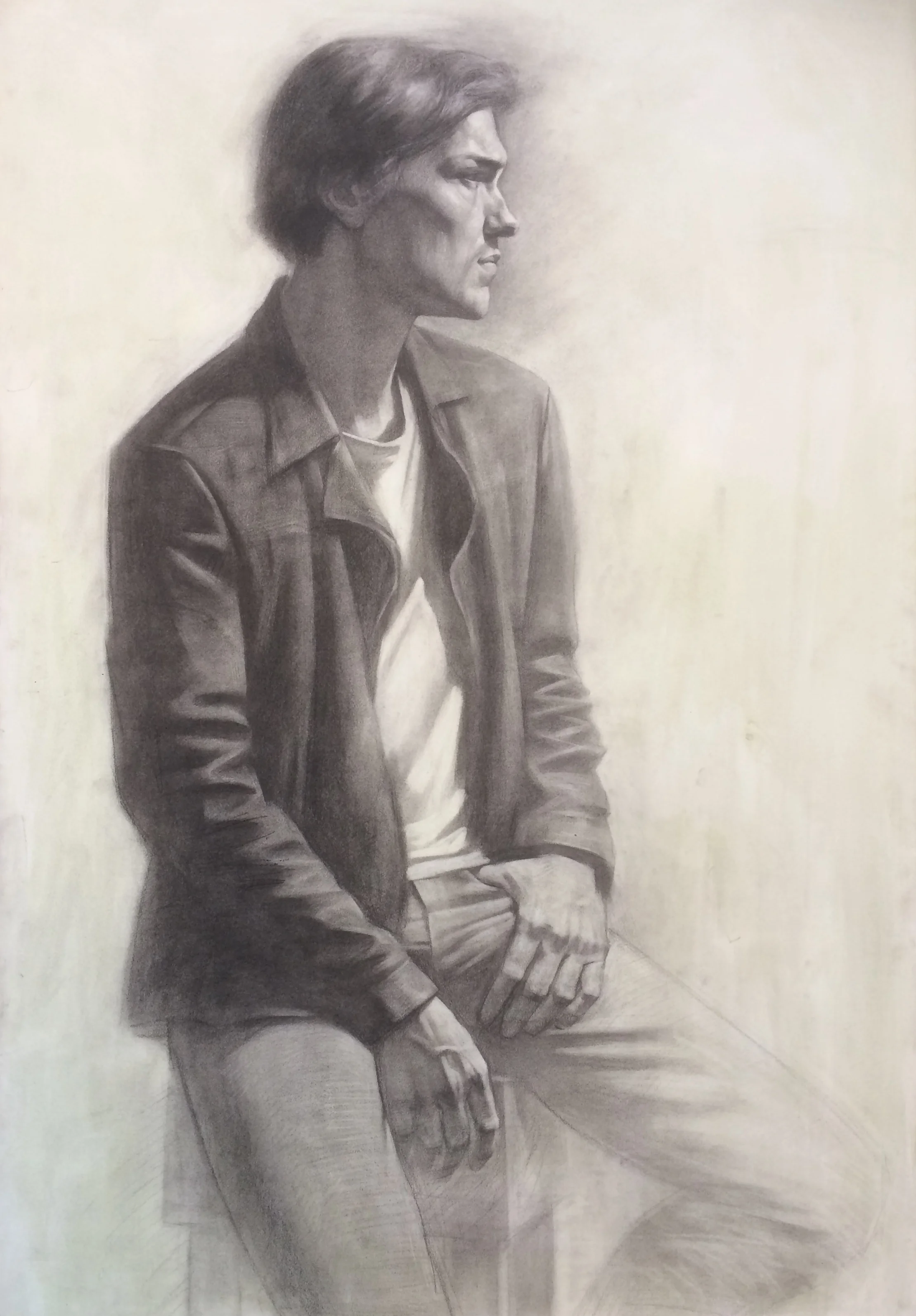 Portrait with hands, charcoal on paper