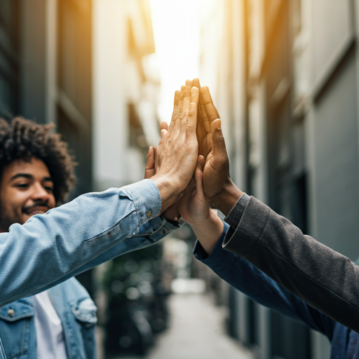 Two people giving each other a high-five on a city street with sunlight in the background.