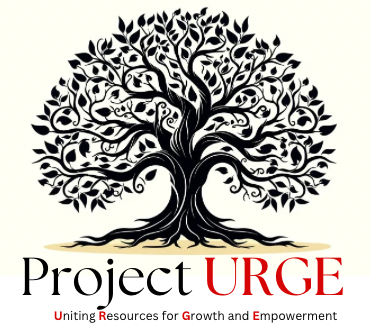 A black silhouette of a large, leafy tree with twisting branches above the text "Project URGE" in black and red. Below, it says "Uniting Resources for Growth and Empowerment" in smaller black and red letters.