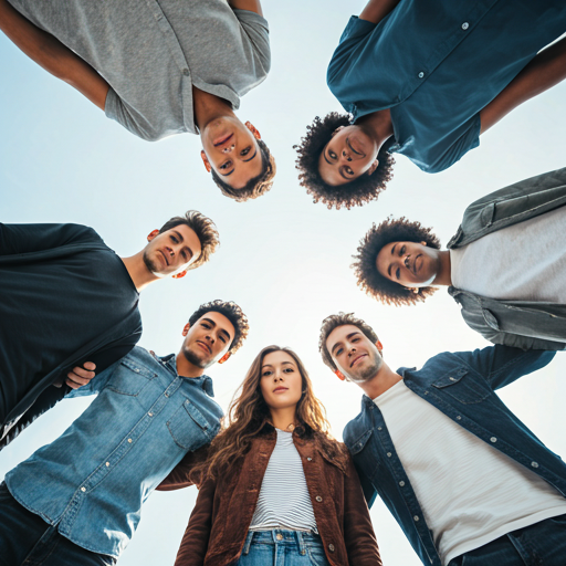 Group of six diverse young adults looking down at camera in a circle, standing outdoors against a clear sky.