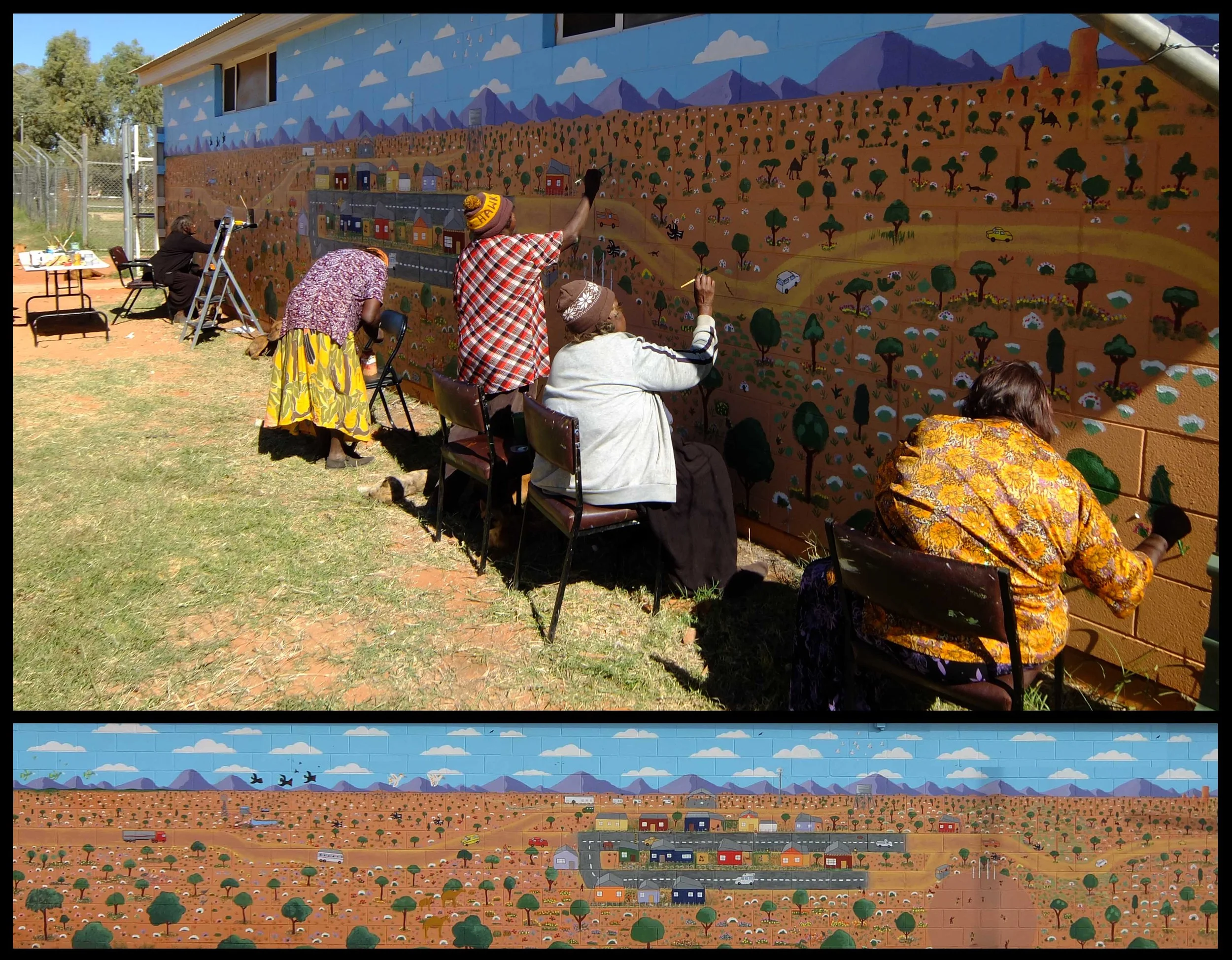 Mural Painting (Marie + Angeline Shilling, Hazel Ungawanaka, Cora Meruntju and Sandra Summerfield) + Completed Mural