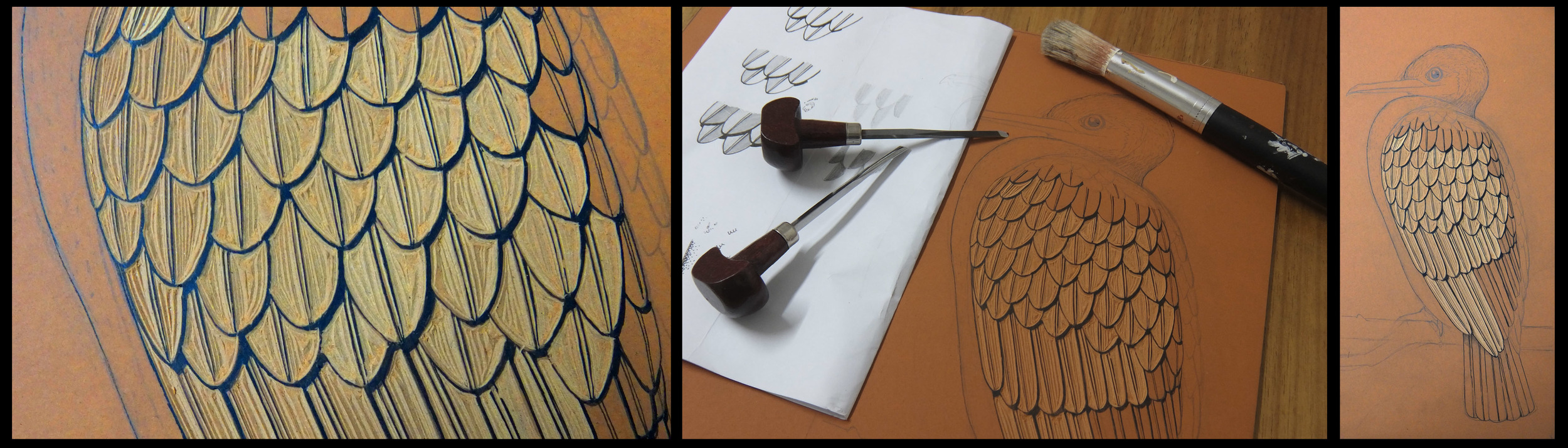 The first of several lino blocks being carved for a new multi-coloured print depicting a cormorant perched on a branch 
