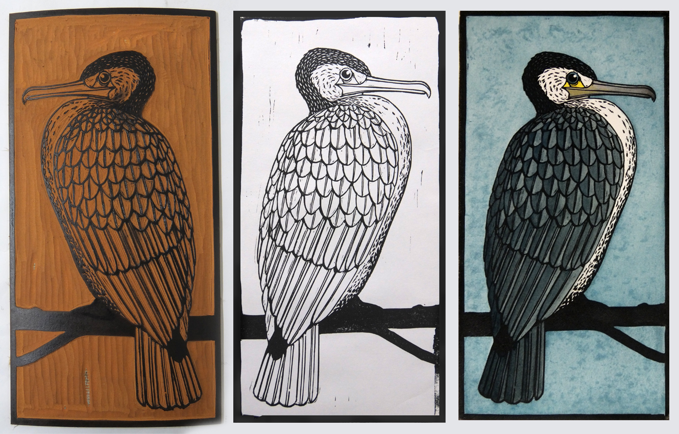 From left to right: Lino block ready to print, Black key-line print, Multi-coloured print.