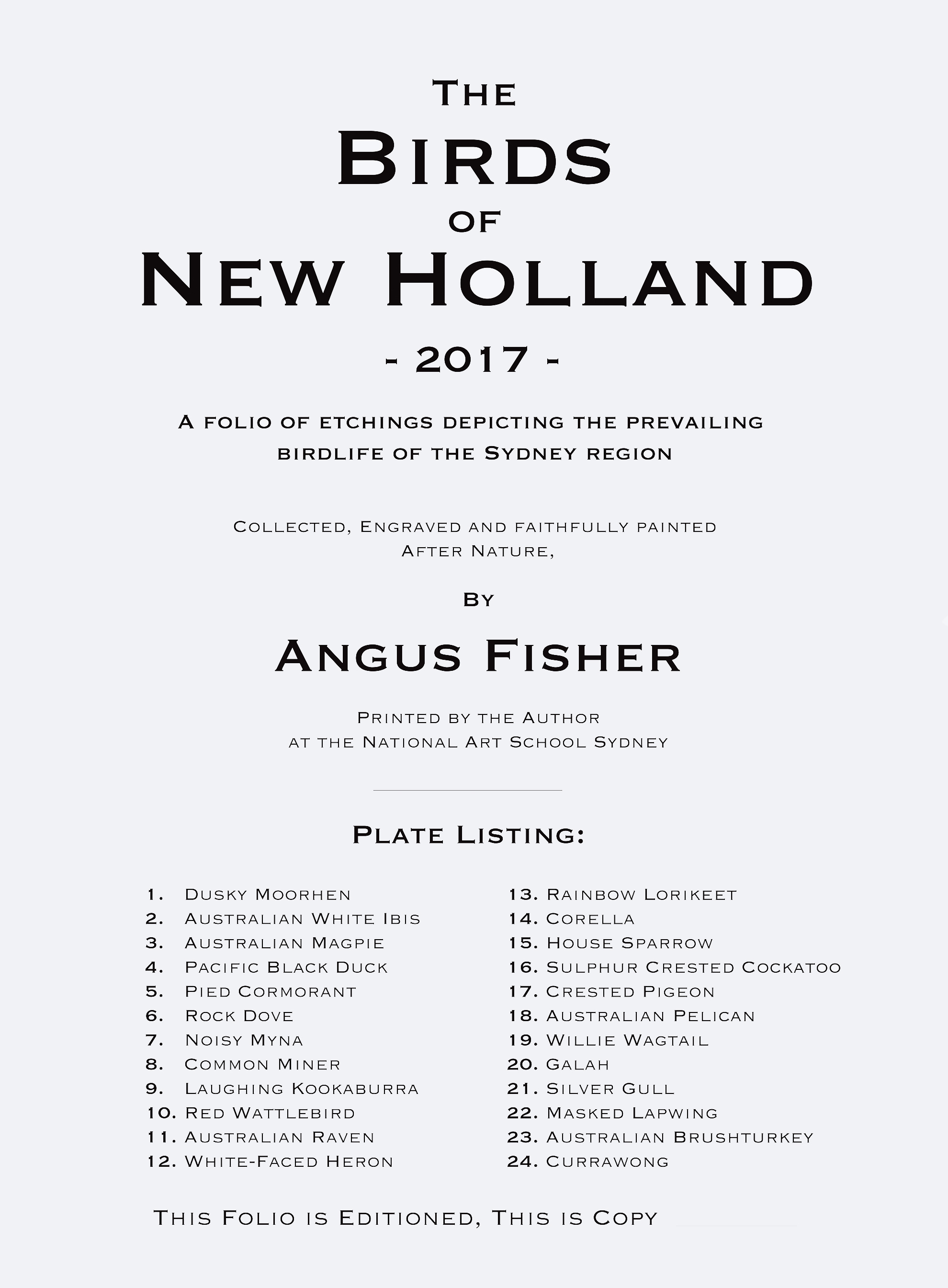 'Birds of New Holland Colophon'