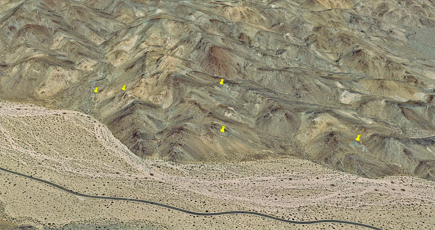 Yellow Pins mark a few of the mining sites at this location: 33.935155° -115.952025°