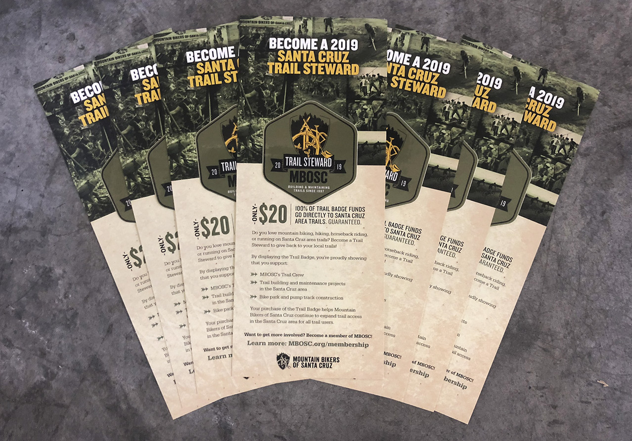 The MBSOC Trail Badge is a sticker — a badge of honor really! — that you can proudly display on your bike, helmet, vehicle, etc. to show support of your local trails.
