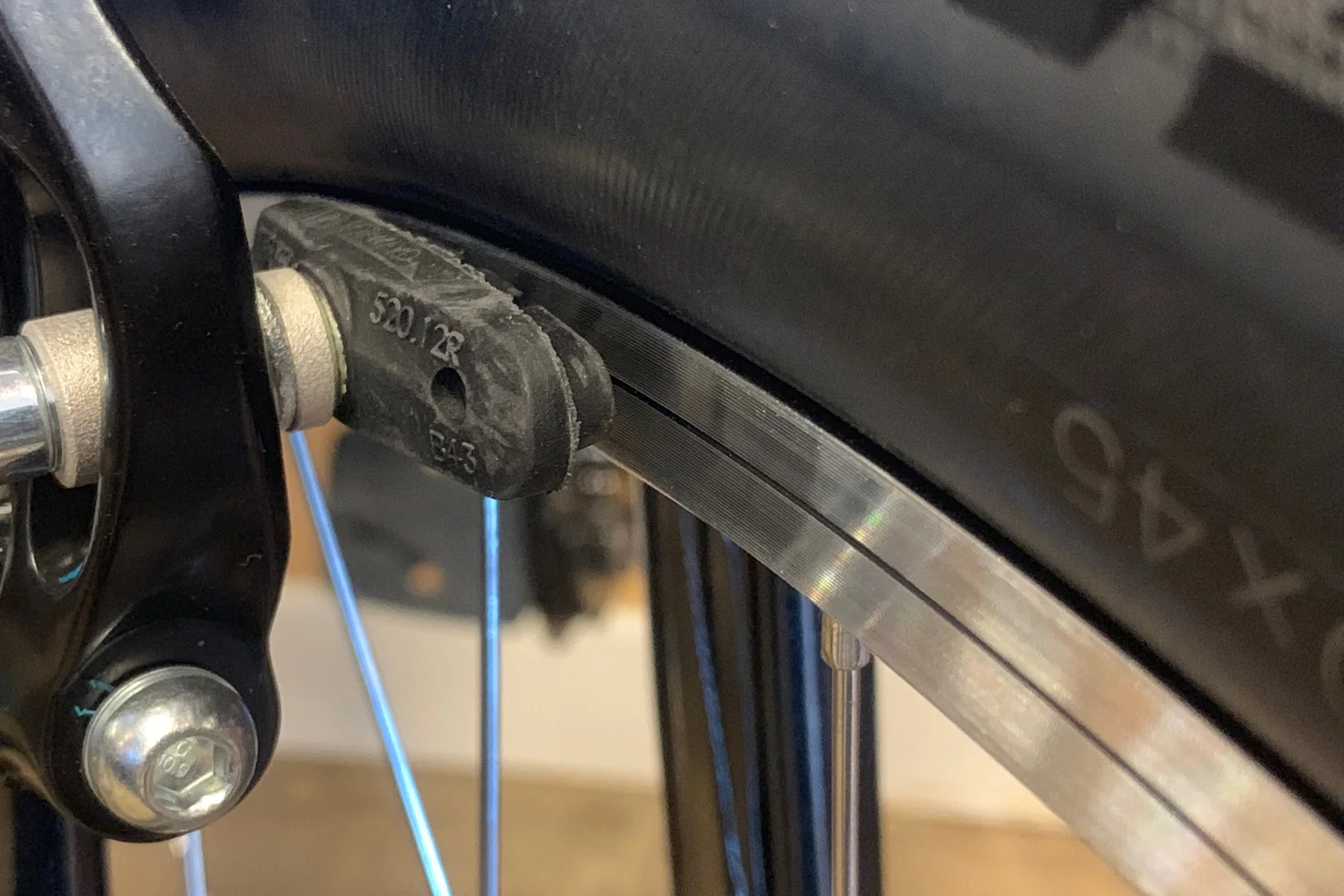 This is an example of a toe-in brake. We do this sometimes when the brakes get really squeaky.